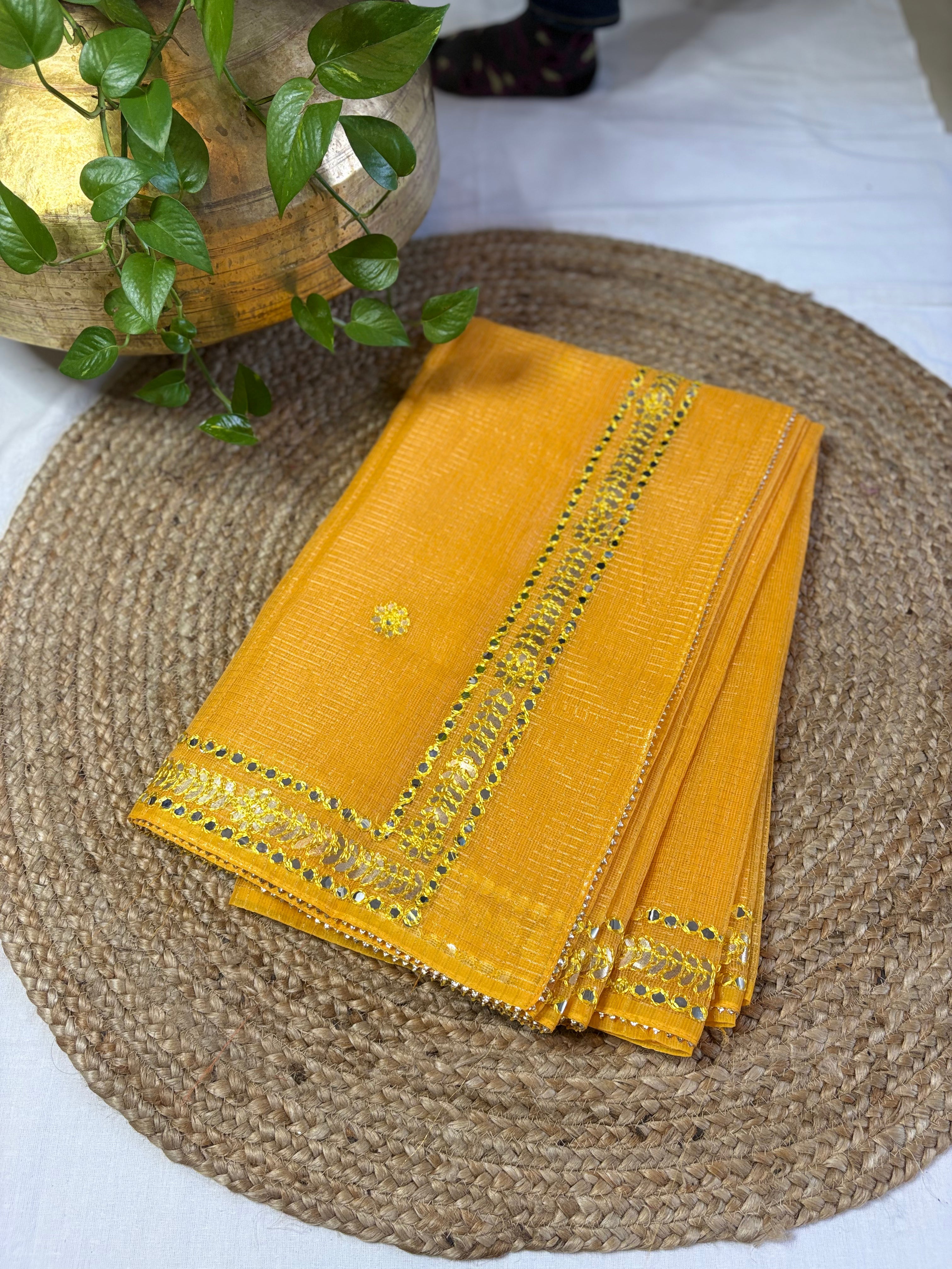 Yellow Kota Doria Gota Patti Saree