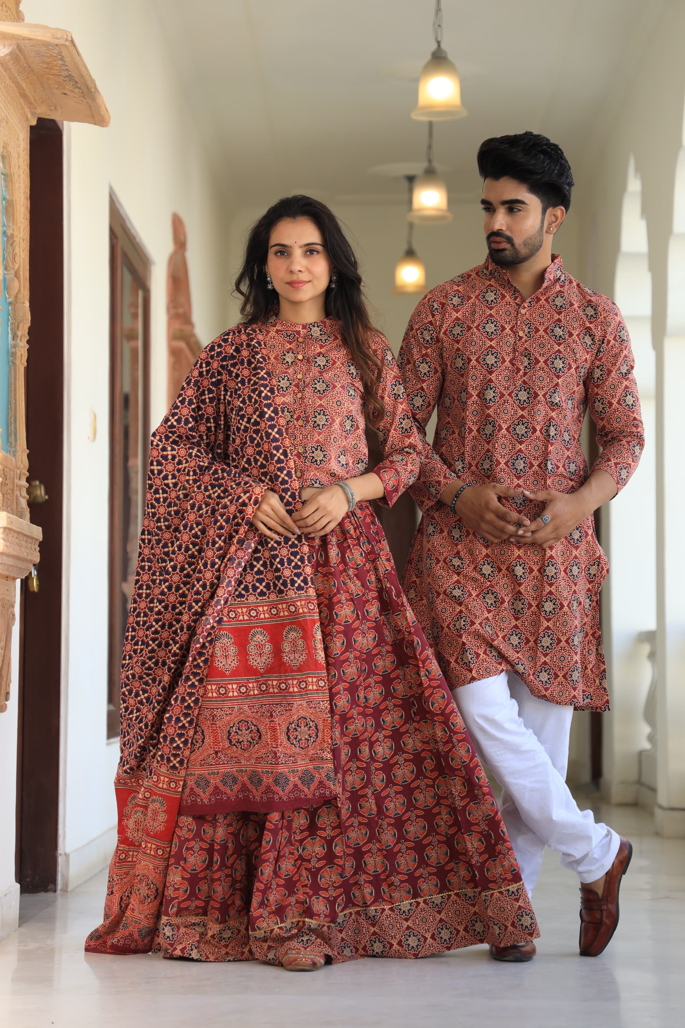 Red colour Pure Cotton Twinning Couple Set In Block Print