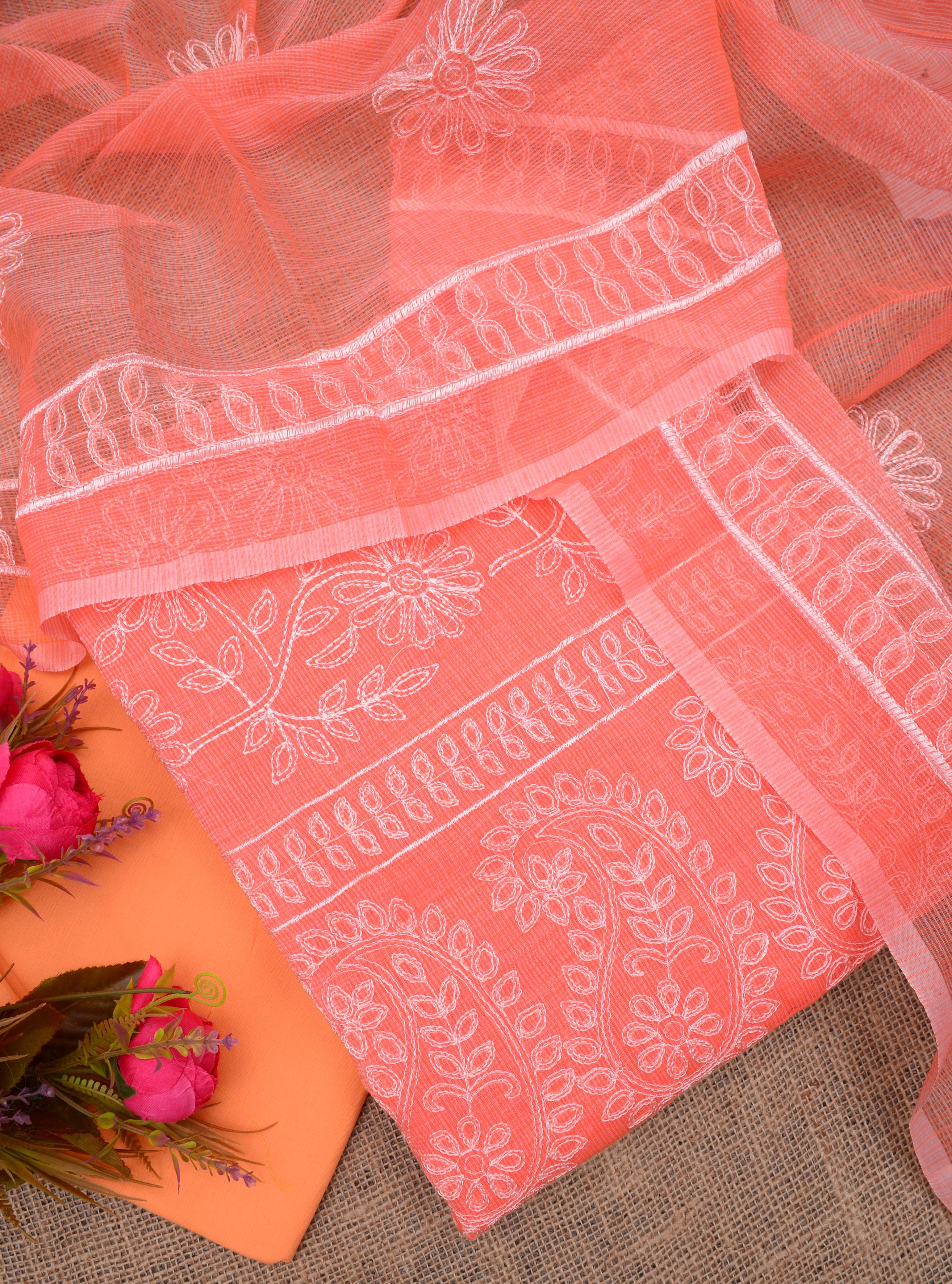 Pink Embroided Kota Doria Suit Cotton Fabric With Dupatta