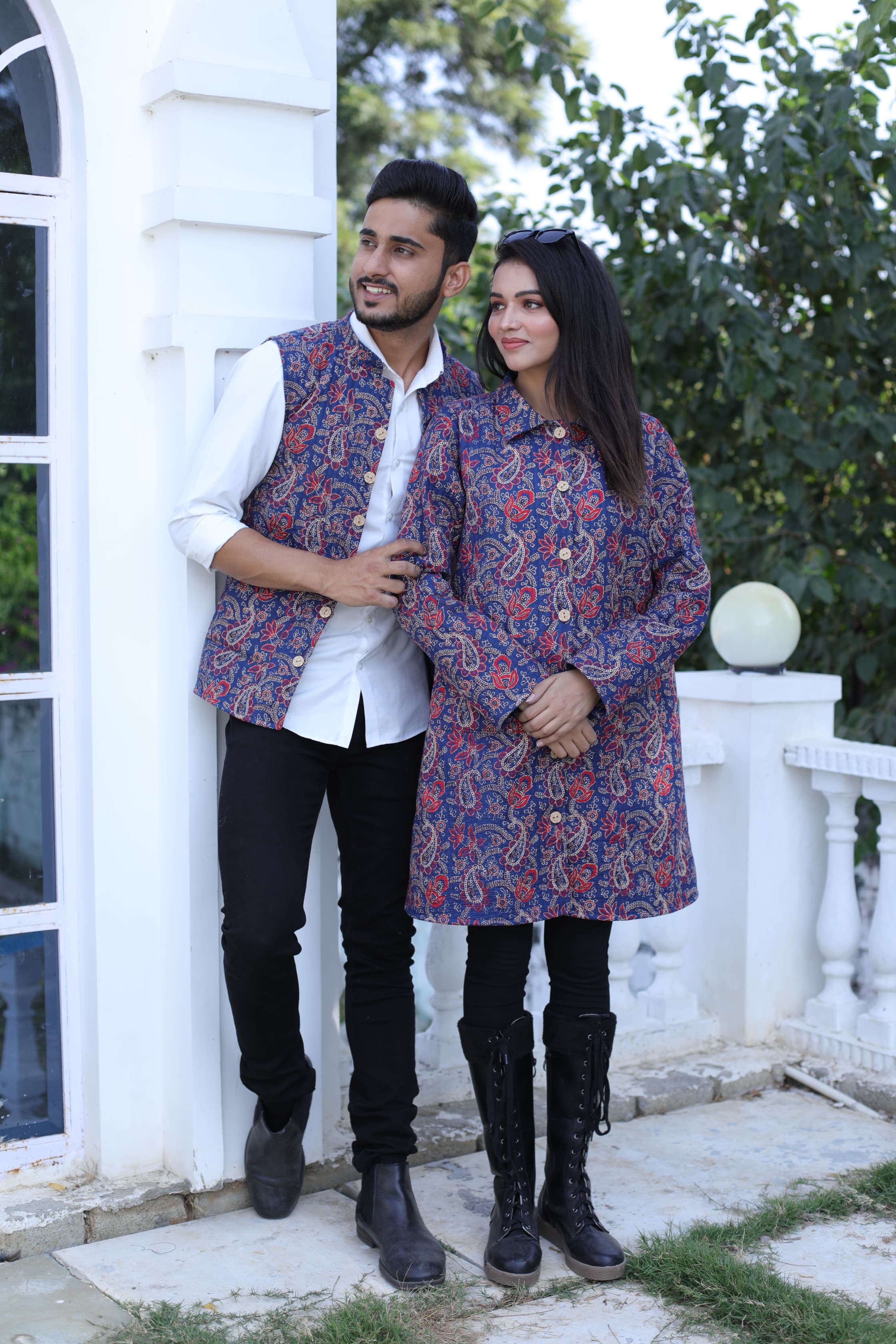 Blue Color Twinning Couple Pure Cotton Bagru Print Quilted Reversible Jackets