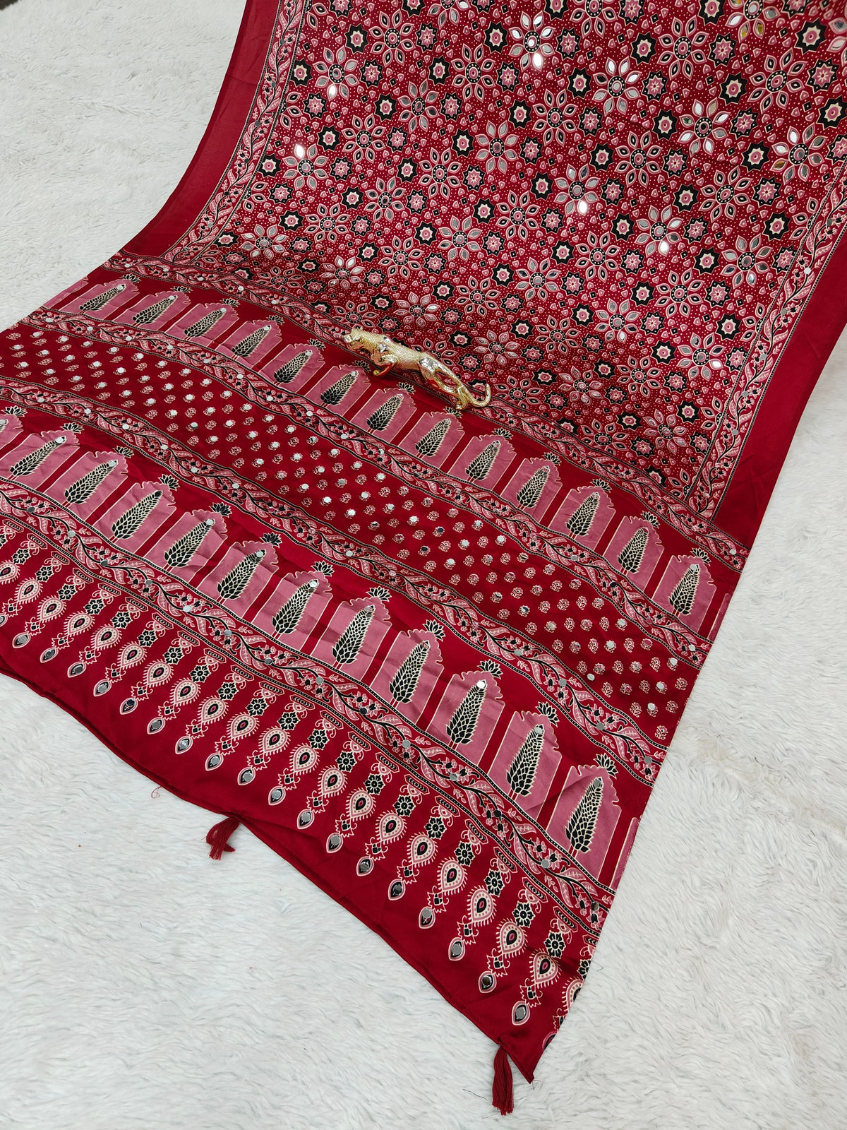 Red Ajrakh Print Mirror Work Satin Silk Saree