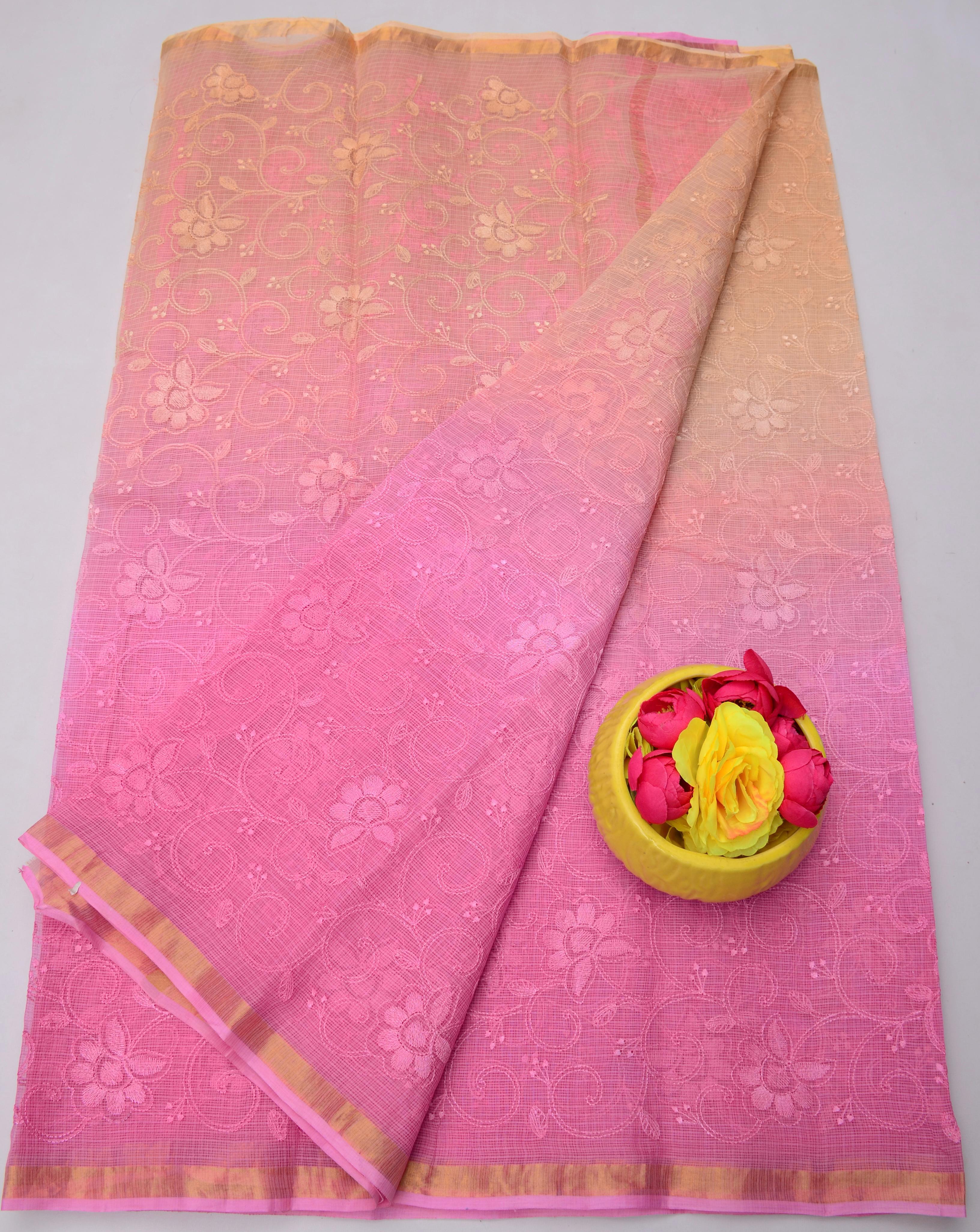 Pink Kota Doria Embroidery Work Saree