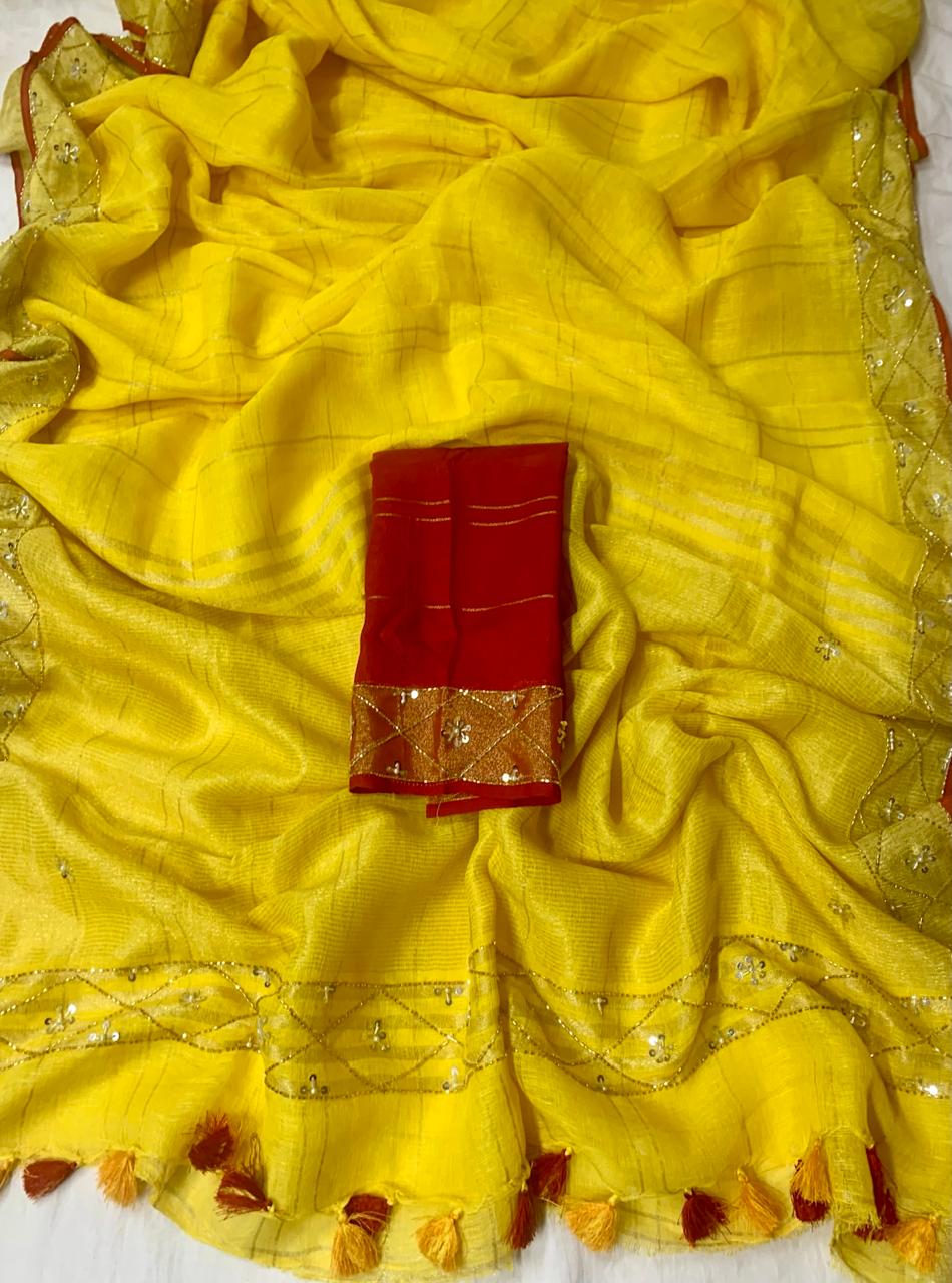 Yellow Pure Linen Embroidery Saree