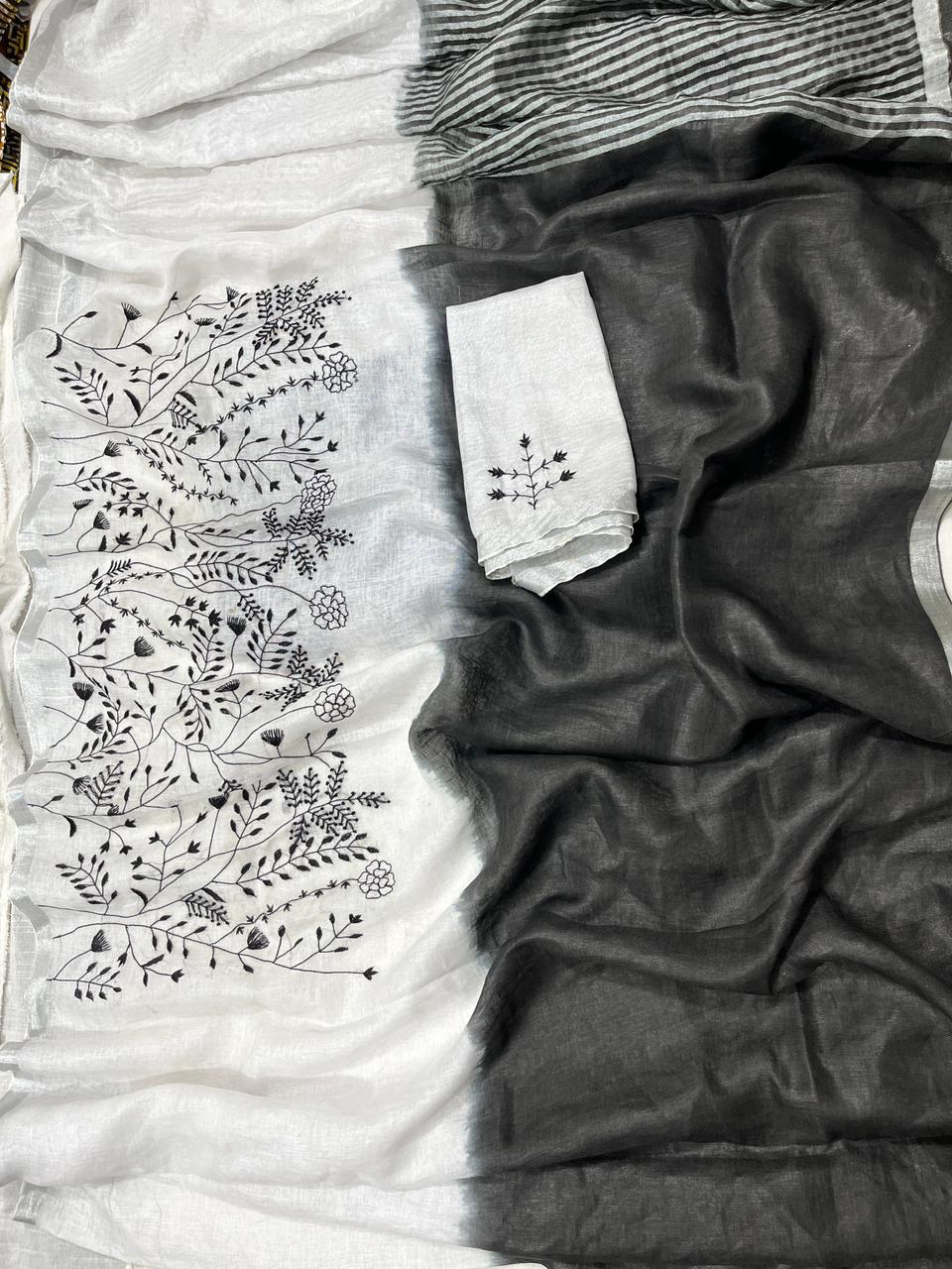 Linen Embroidery Saree In Black & White