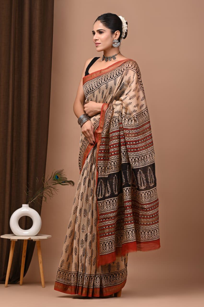 Skin Colour Maheshwari Silk Bagru Hand Block Print Saree