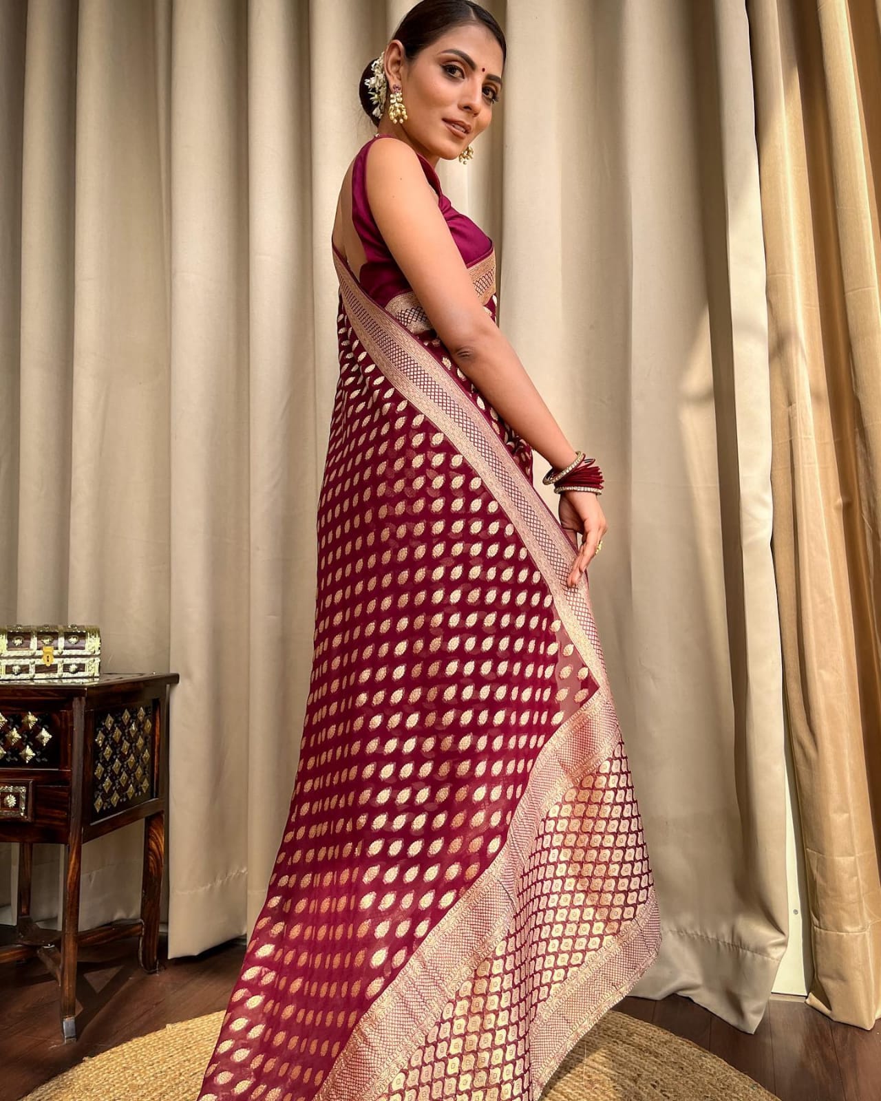 Maroon Banarasee Semi Georgette Booti Work Saree