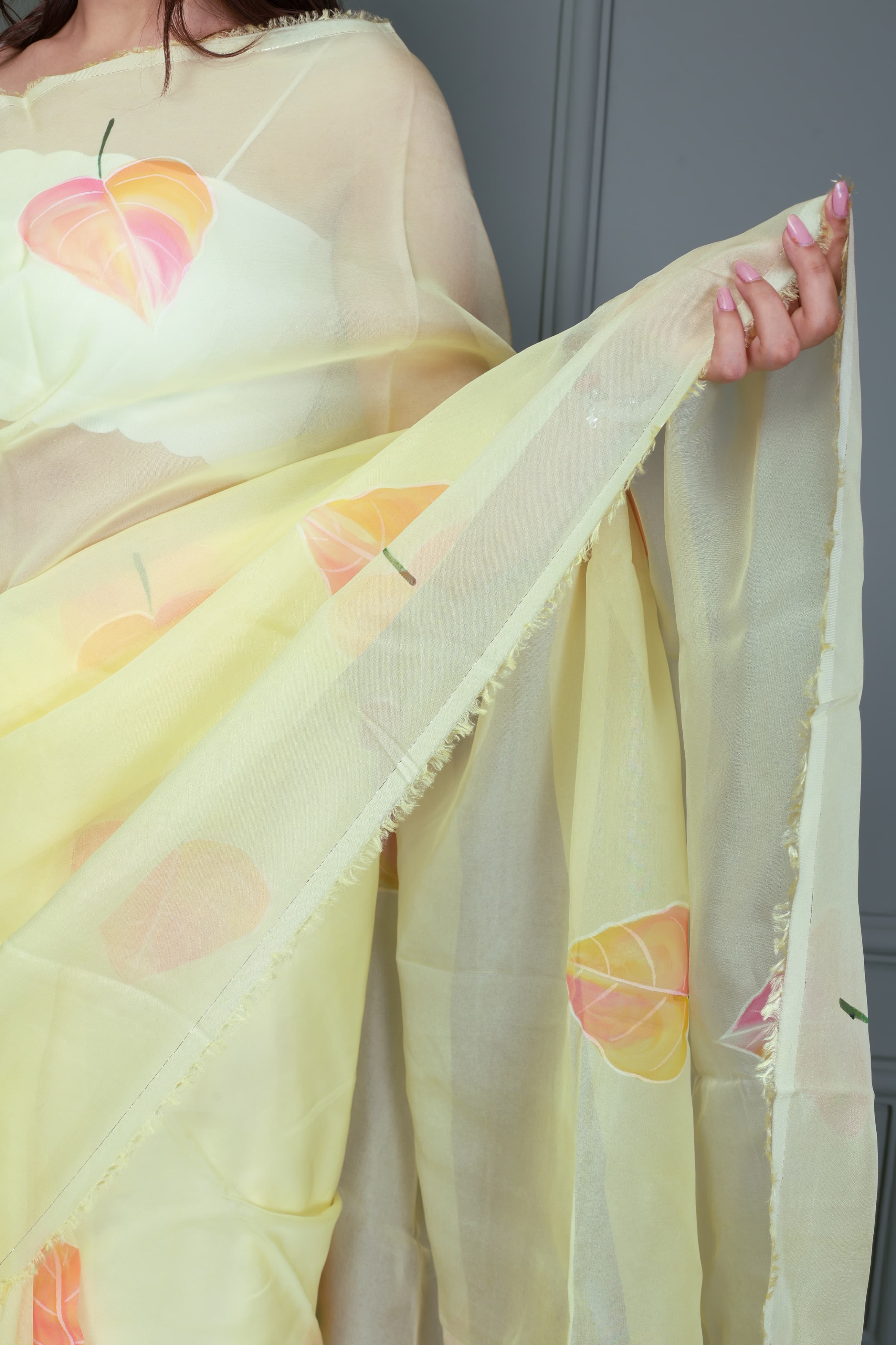 Light Yellow Organza Hand Painted Saree