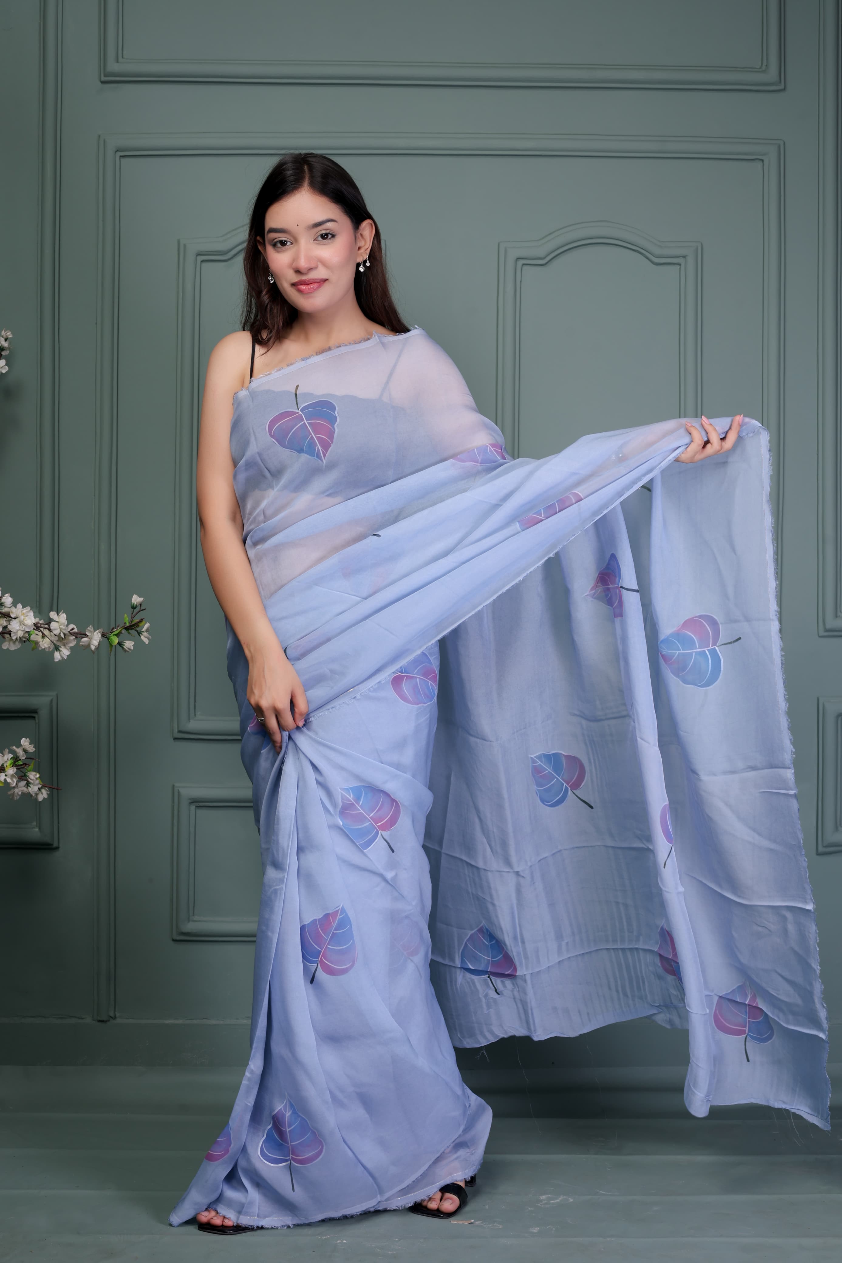 Organza Hand Painted Saree In Grey