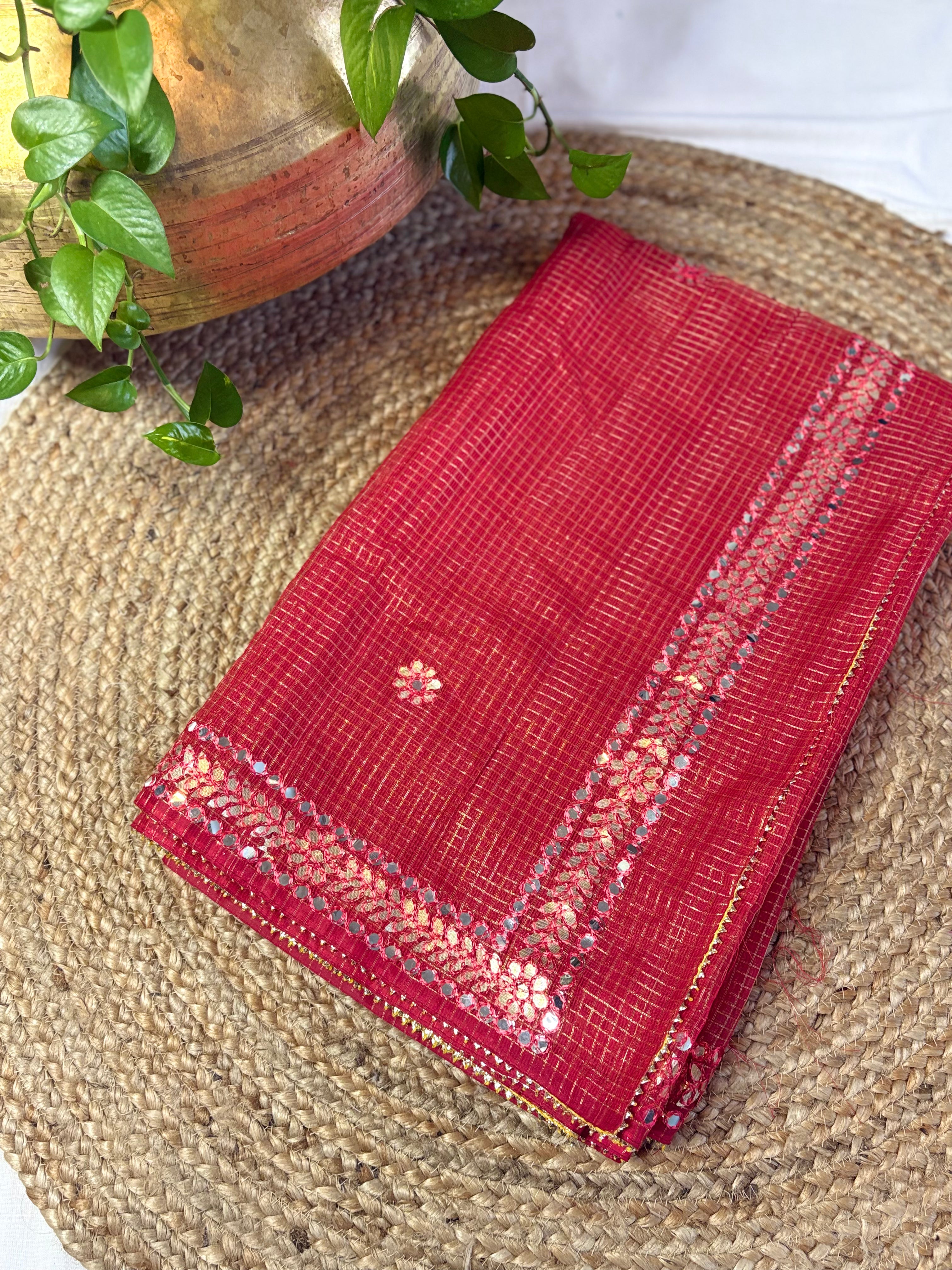 Leheriya Red Kota Doria Gota Patti Saree