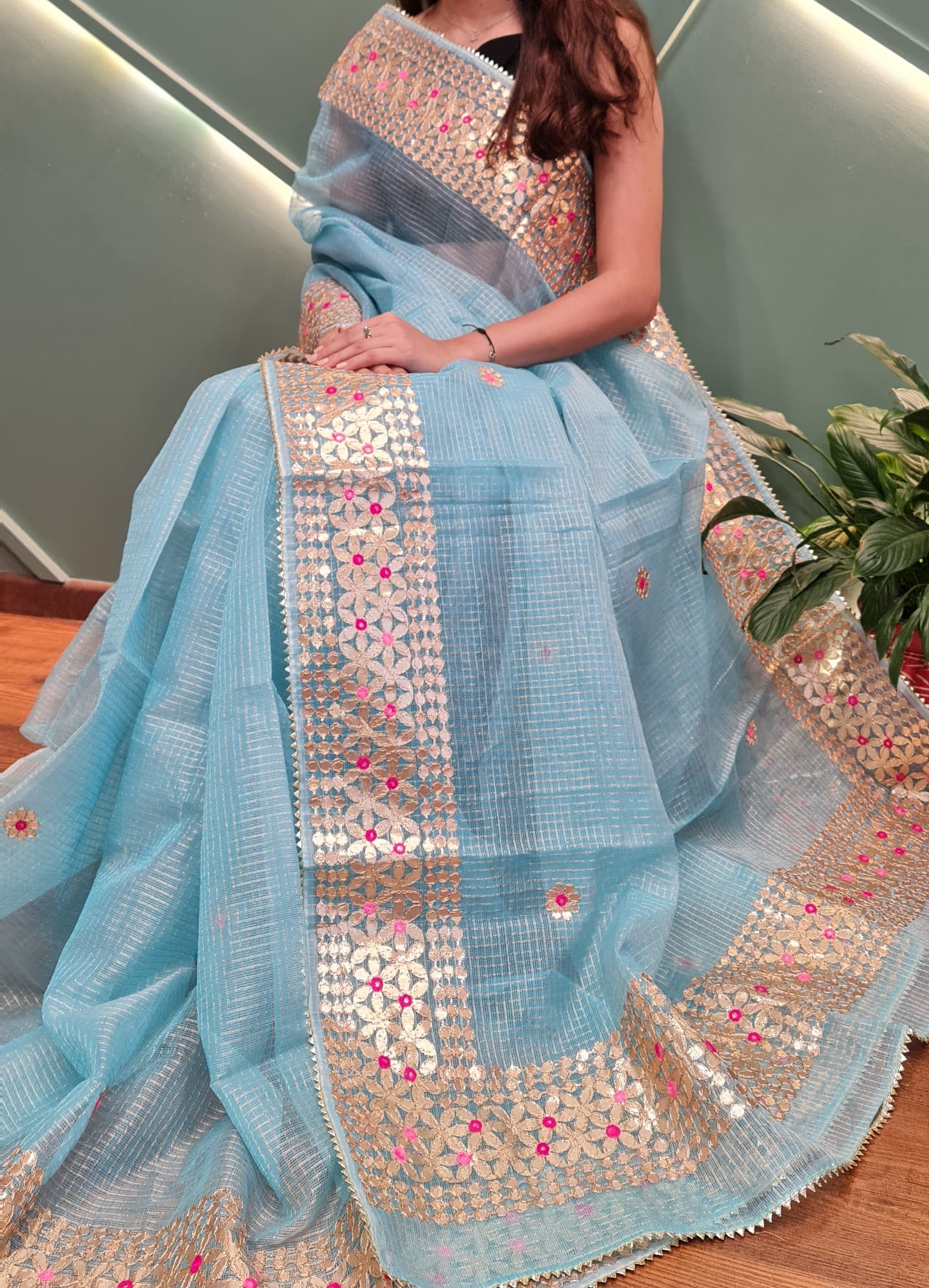 Gulhari- Sky Blue Kota Doria Heavy Border Gota Patti Saree