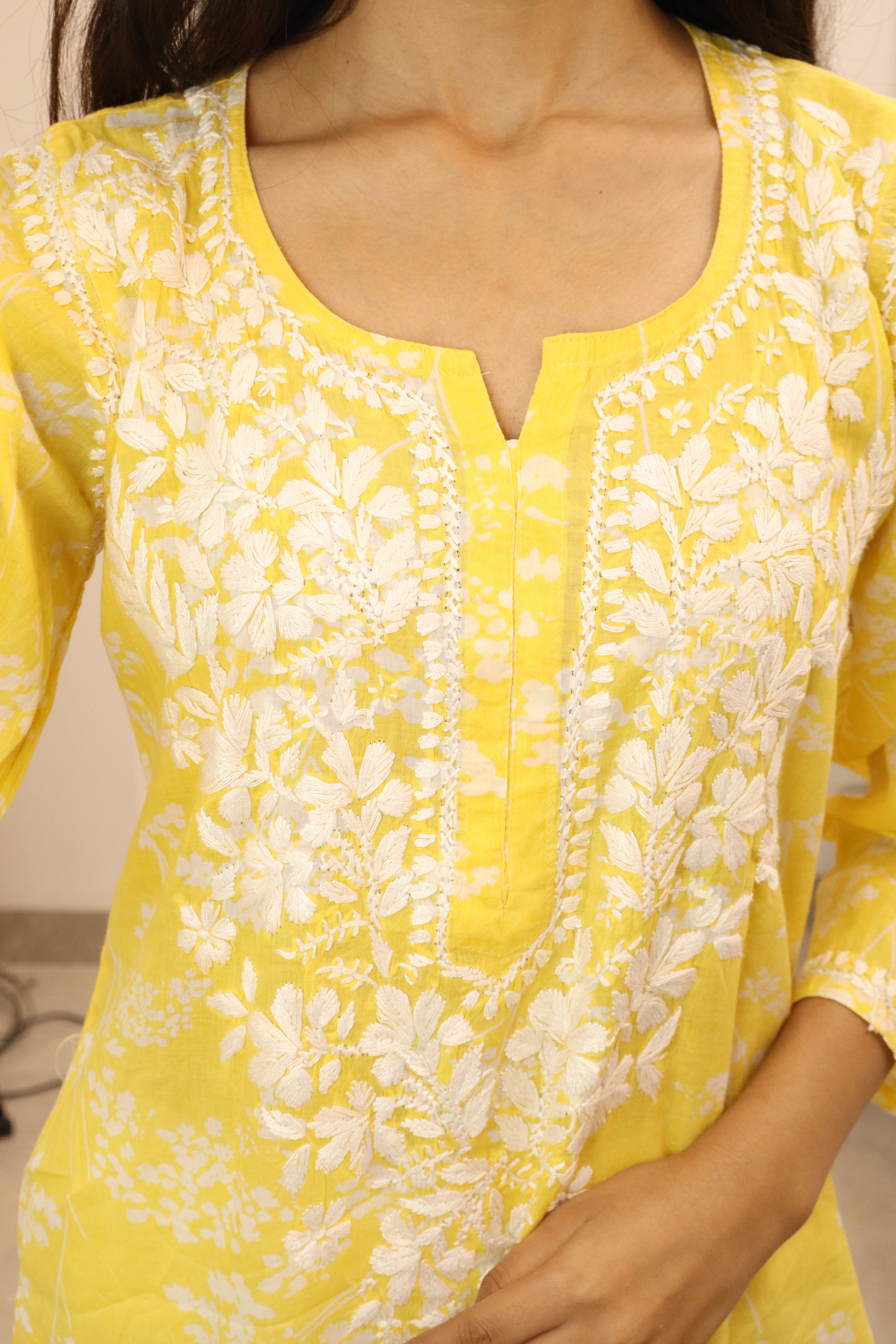 Yellow  floral mul cotton chikankari kurti (only kurti)