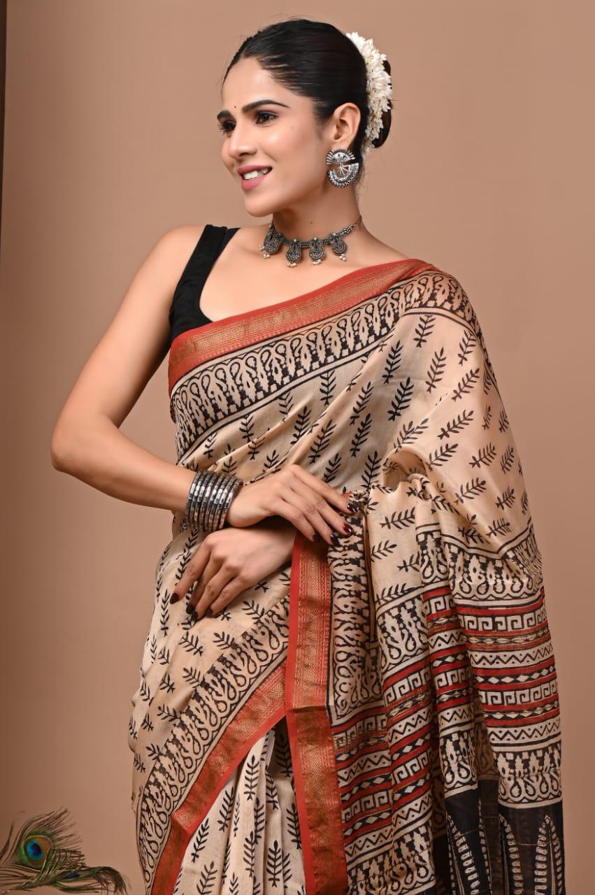 Skin Colour Maheshwari Silk Bagru Hand Block Print Saree