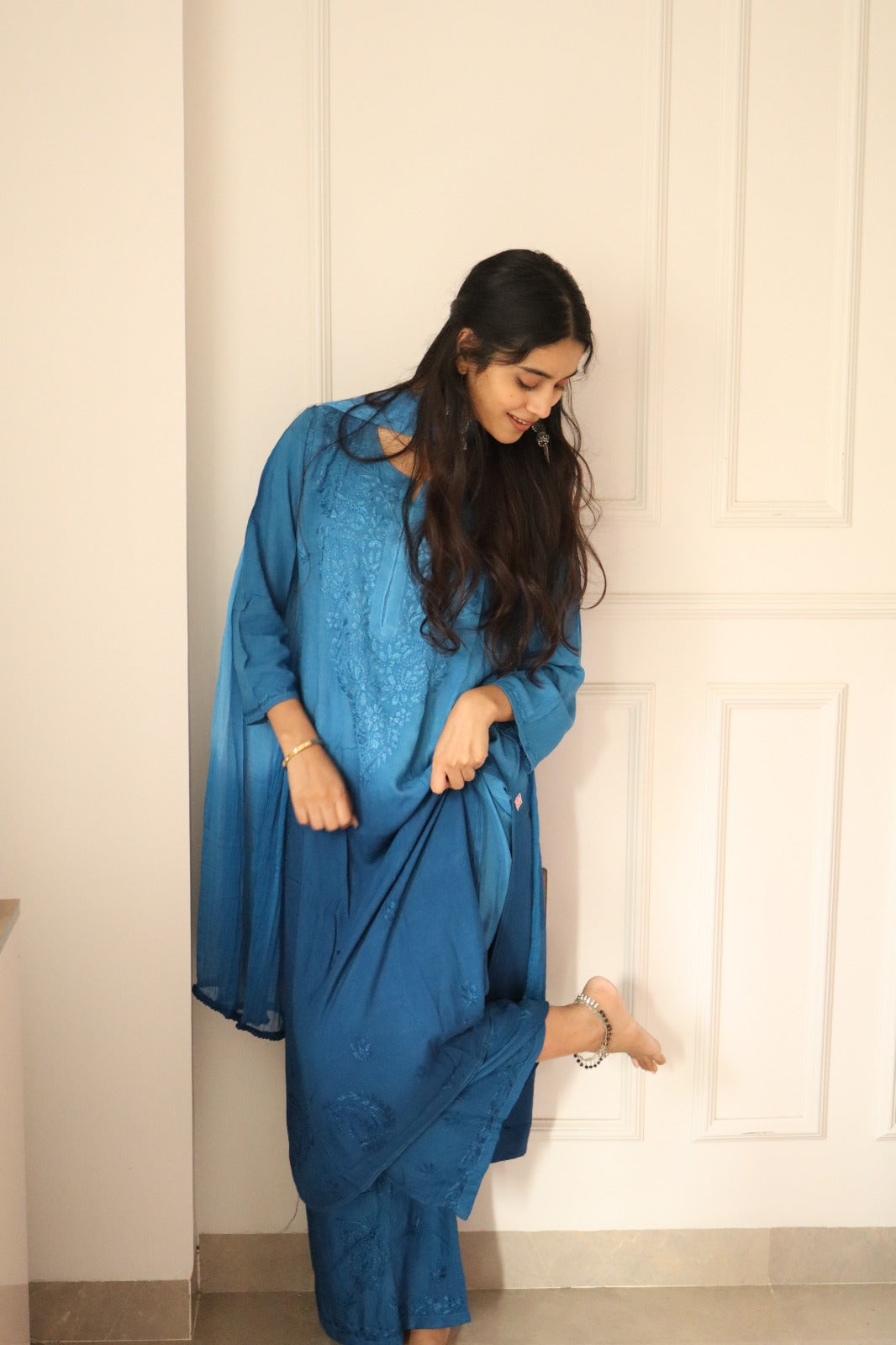 Blue Chikankari Rayon Kurti Palazzo Set With Dupatta