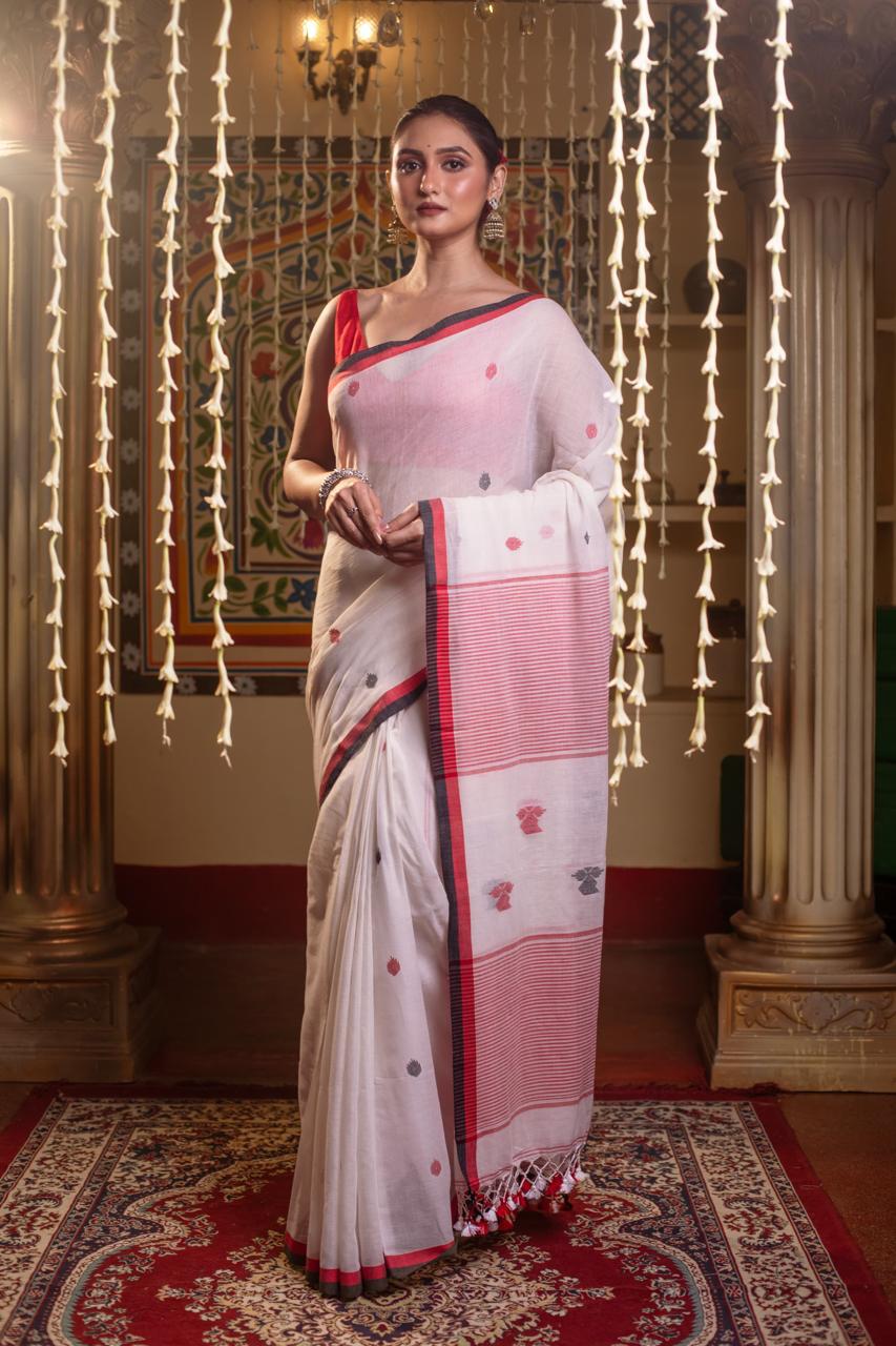 White Premium Mulmul Cotton Hand Crafted Saree