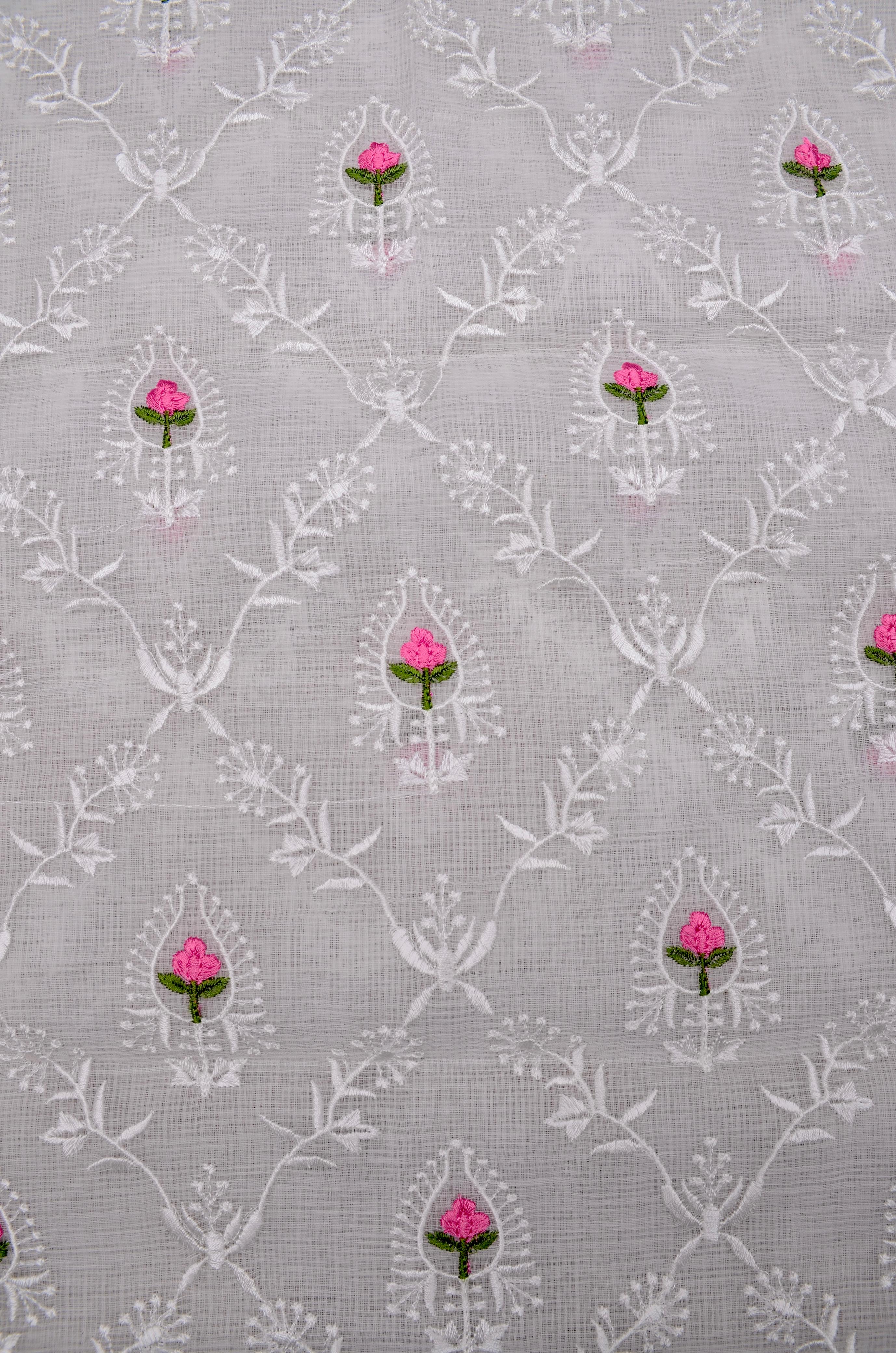 White Kota Doria Embroided Suit Fabric With Dupatta