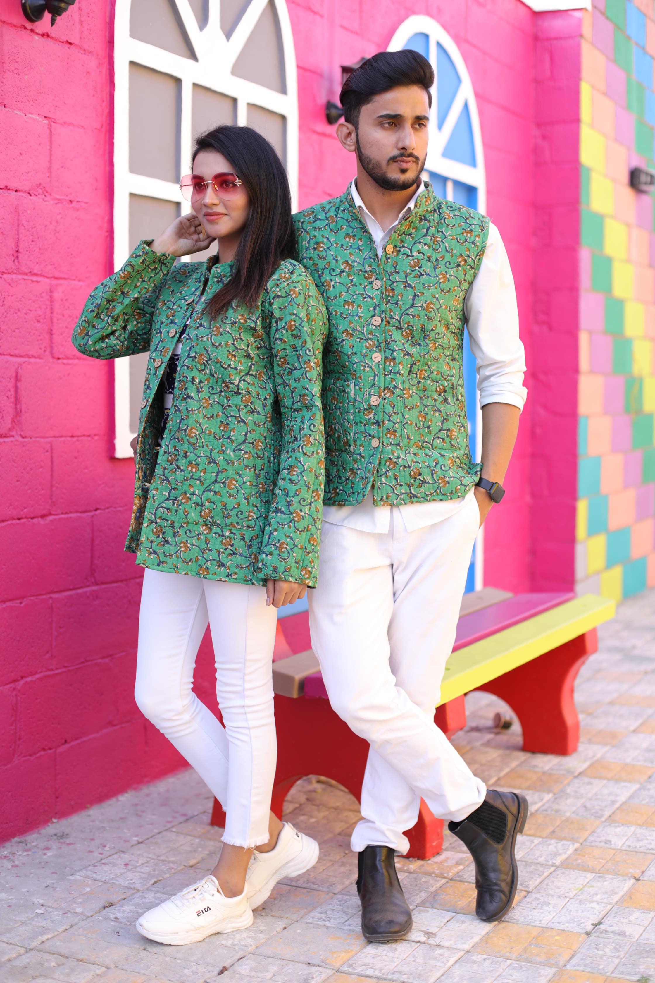 Green Color Twinning Couple Pure Cotton Bagru Print Quilted Reversible Jackets