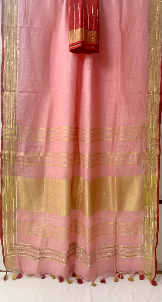 Peach Pure Linen Embroidery Saree
