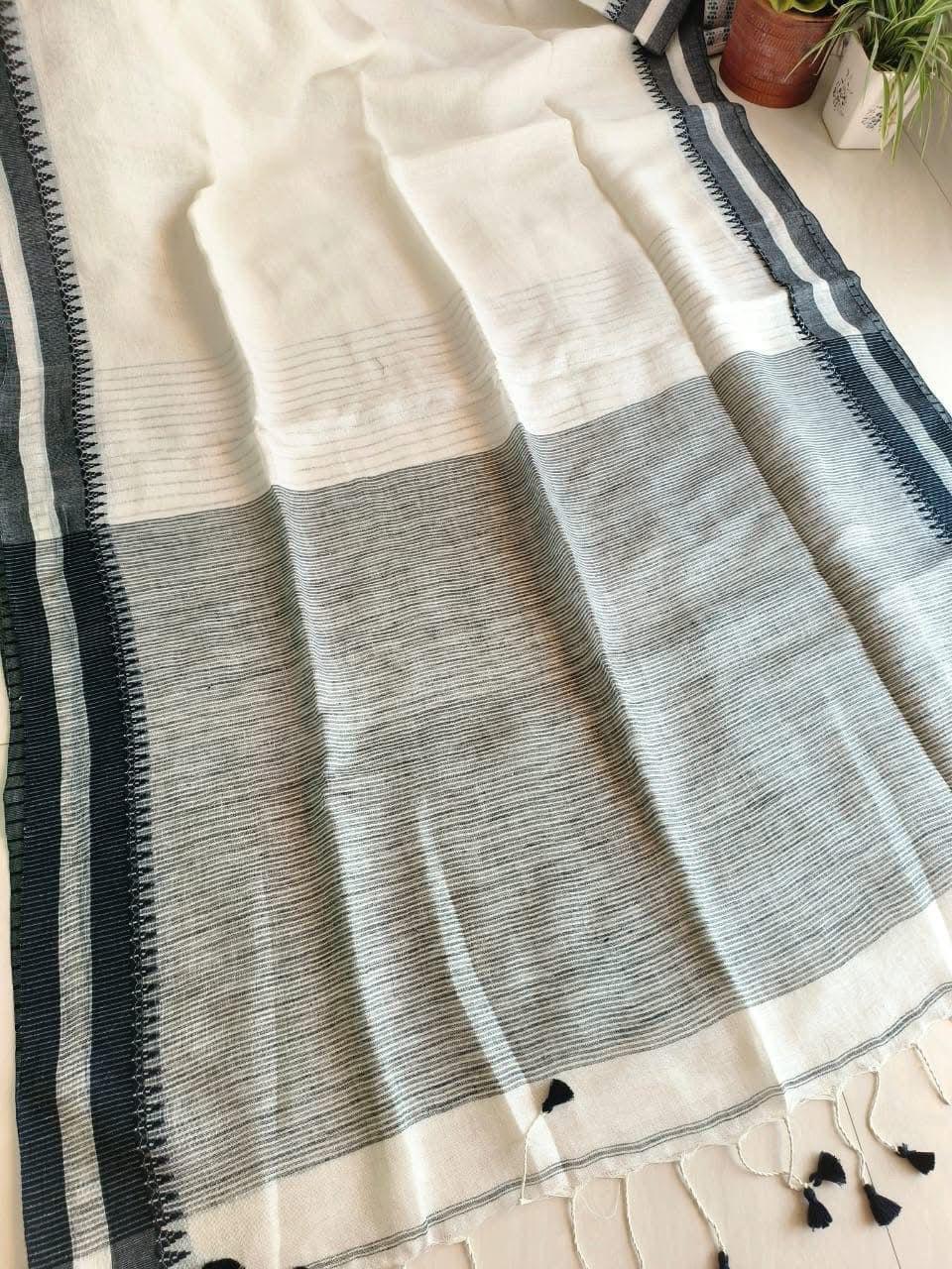 White Pure Linen Saree