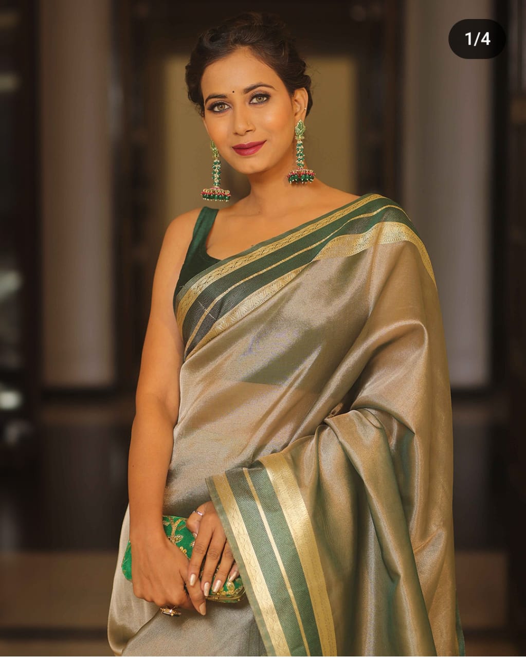 Green Shimmer Banarasi Handloom Tissue Zari Border Silk Saree