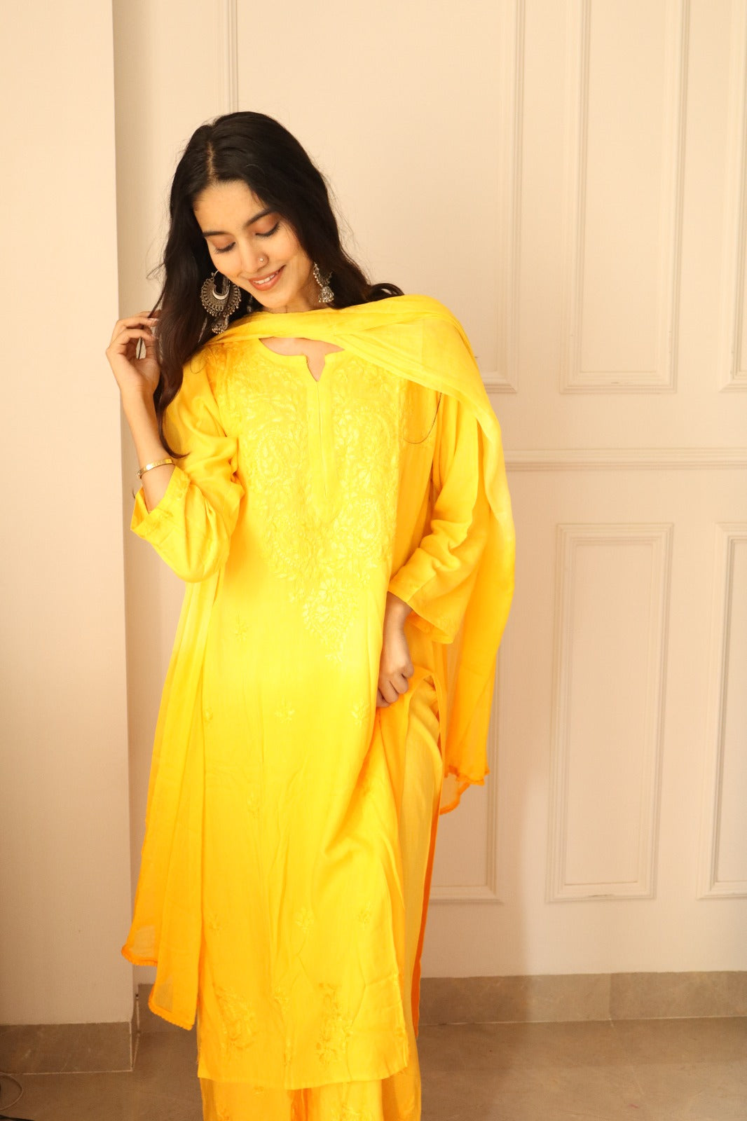 Yellow Chikankari Rayon Kurti Palazzo Set With Dupatta