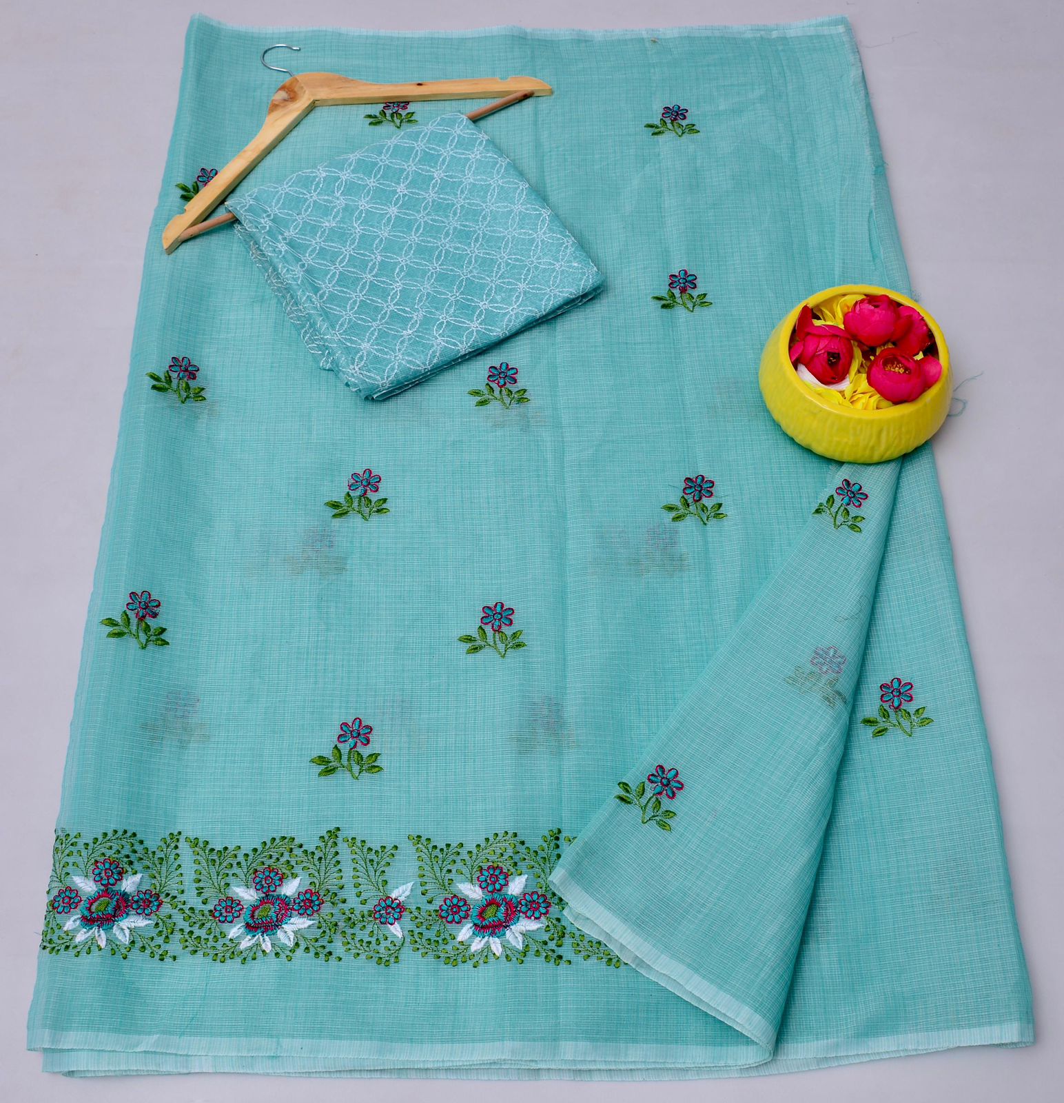 Buy green Kota Doria Embroidery Work Saree