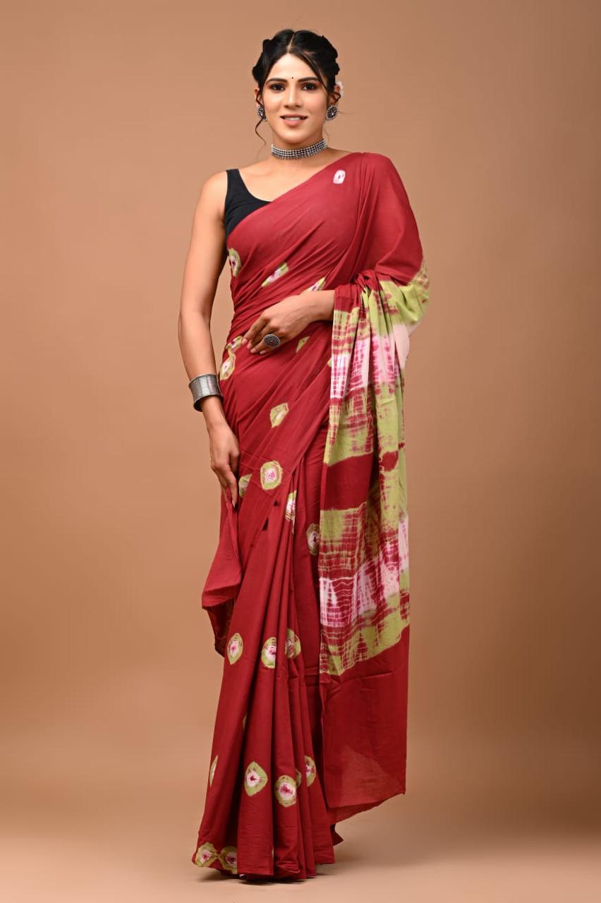 Red HandBlock printed cotton saree 