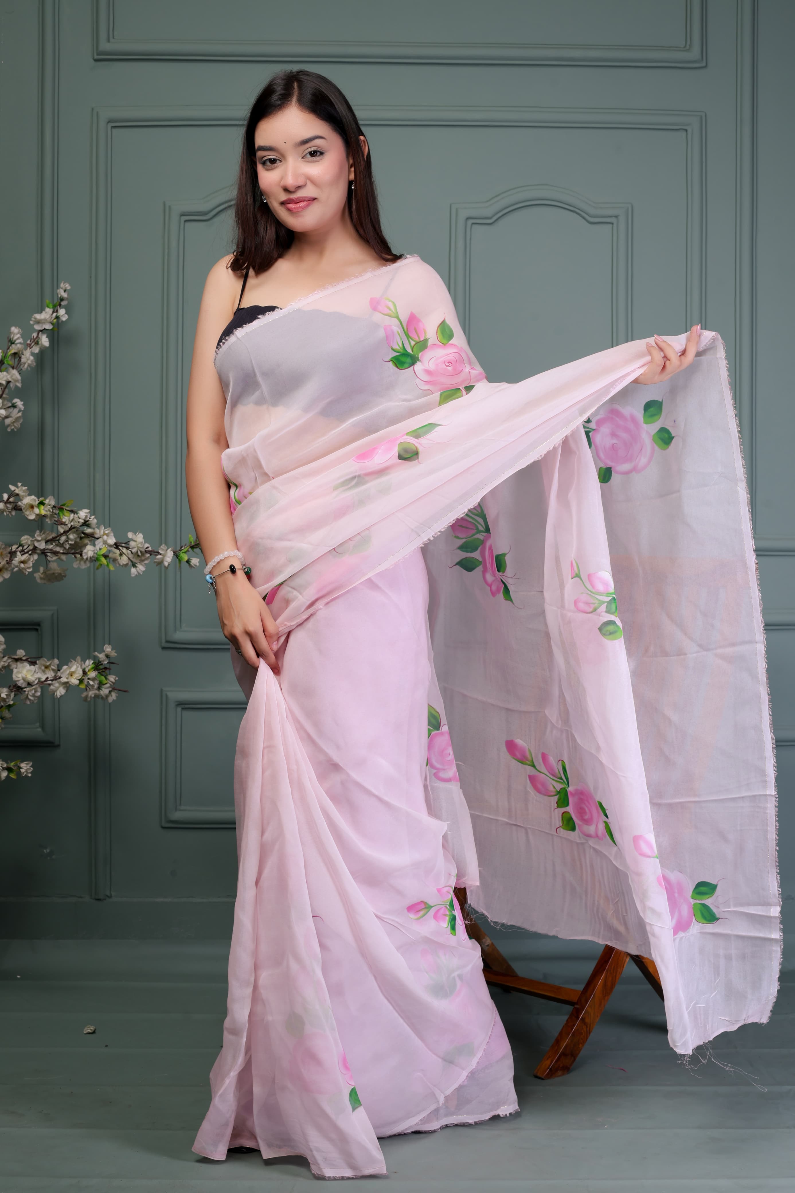 Organza Hand Painted Saree In pink