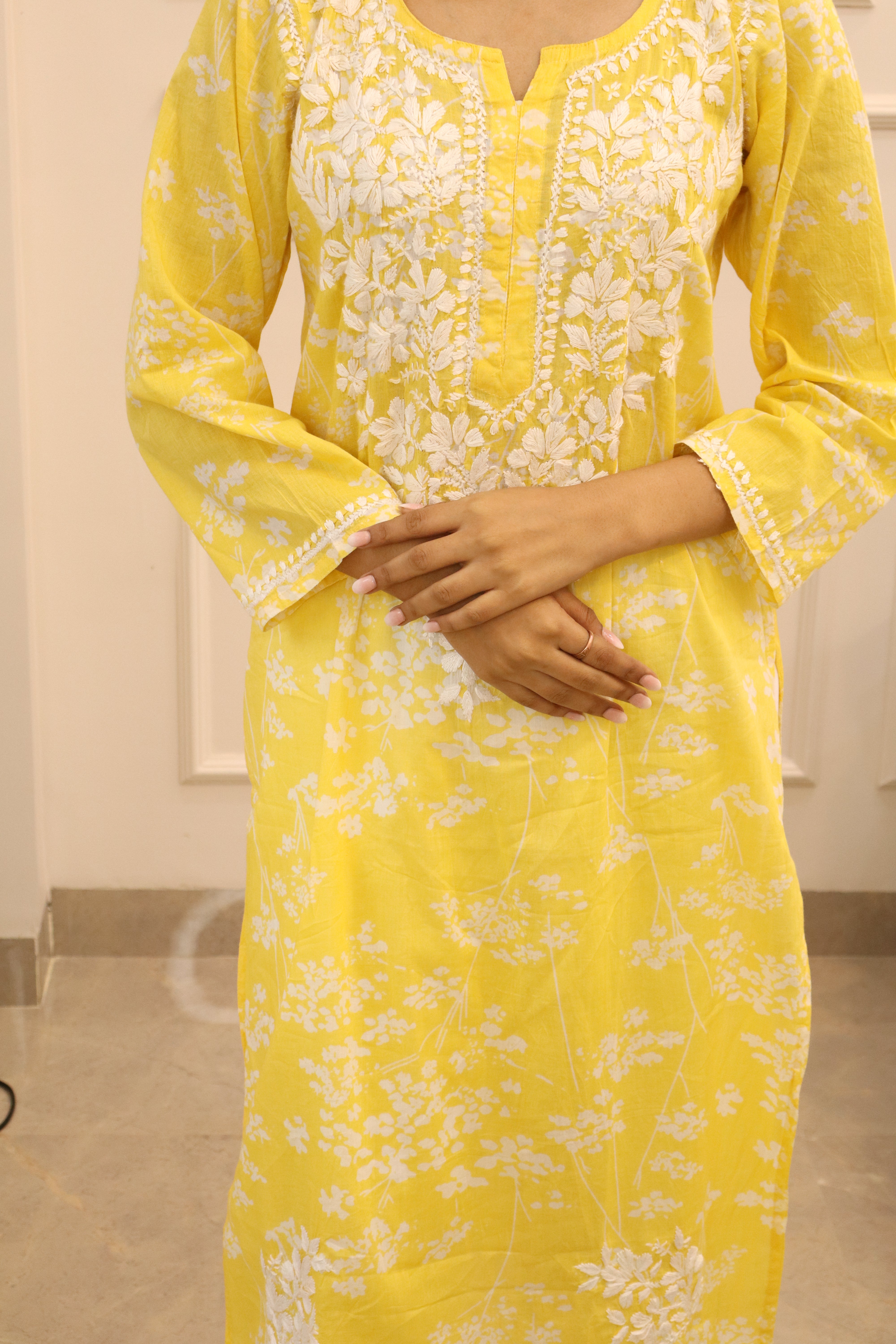 Yellow  floral mul cotton chikankari kurti (only kurti)