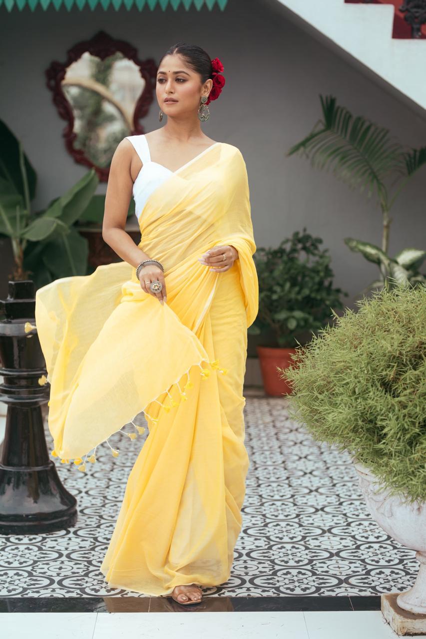 Yellow Premium Mulmul Cotton Hand Crafted Saree