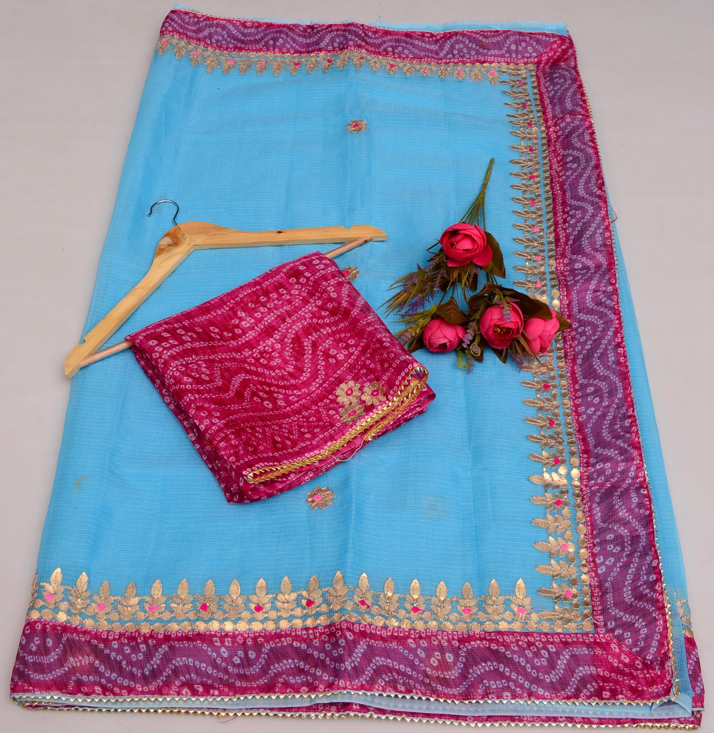 Blue Kota Doria Gota Patti Saree