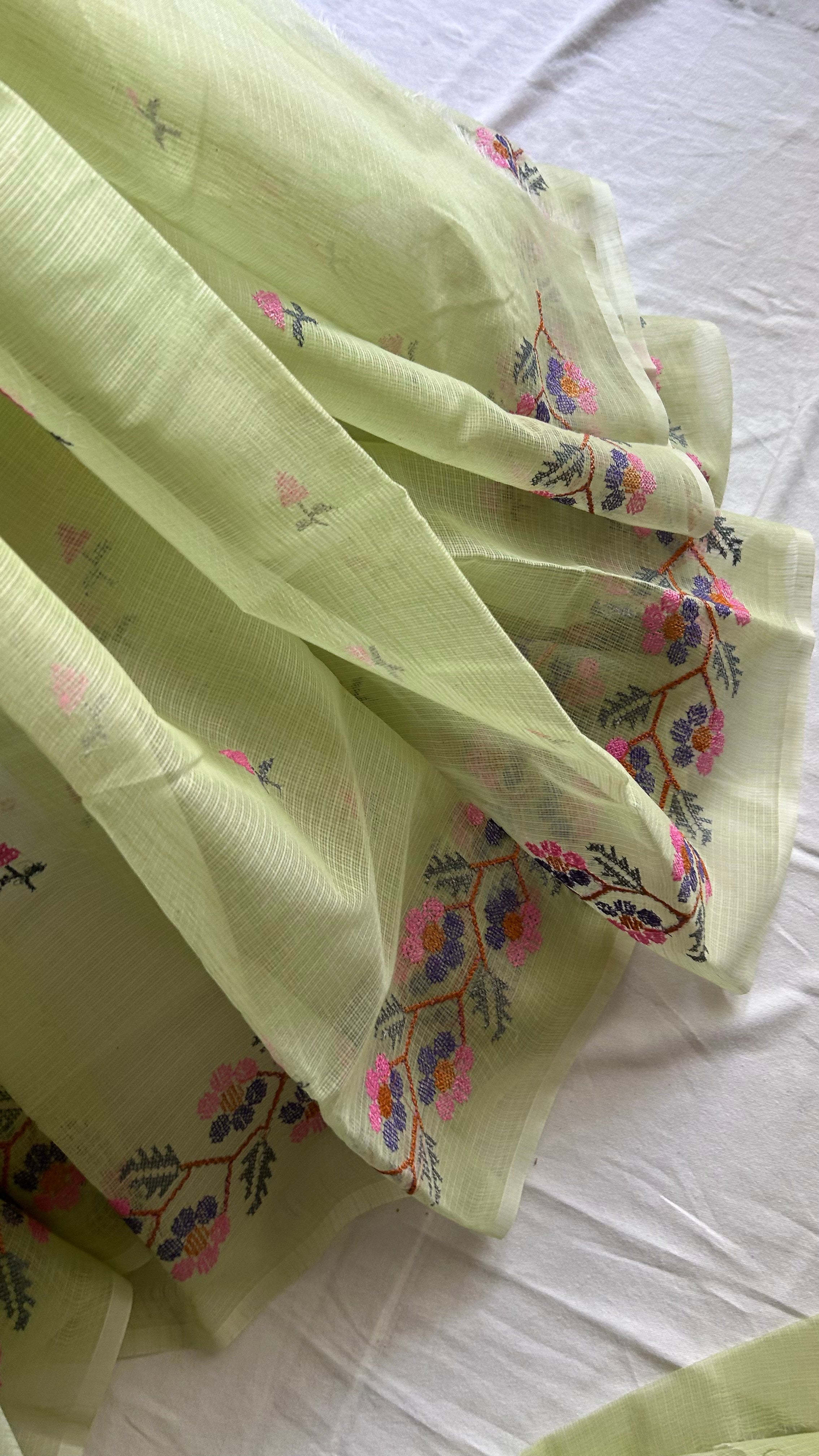 Cross Stitch Kota Doria Embroidery Work Saree In Pista Green