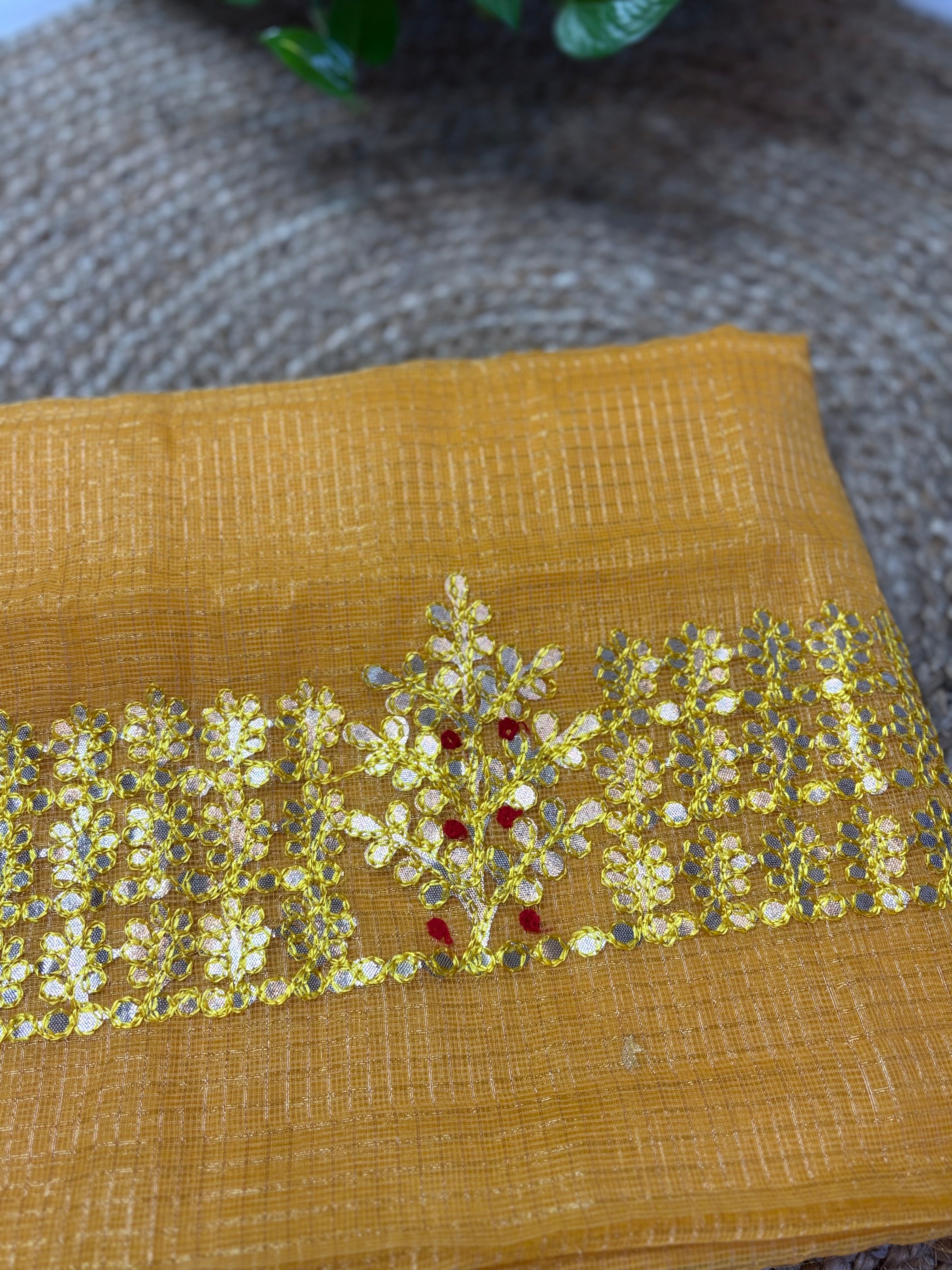 Yellow Kota Doria Gota Patti Saree