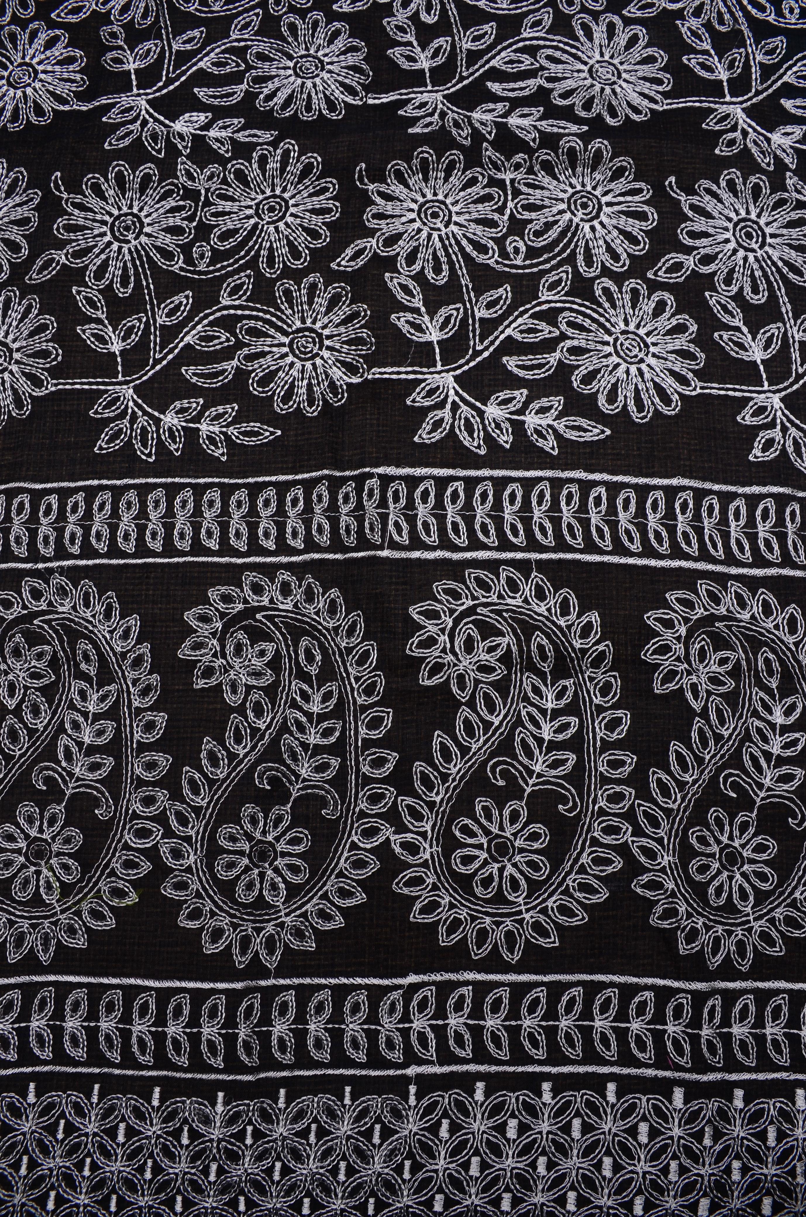 Black Embroided Cotton Kota Doria Suit Fabric With Dupatta