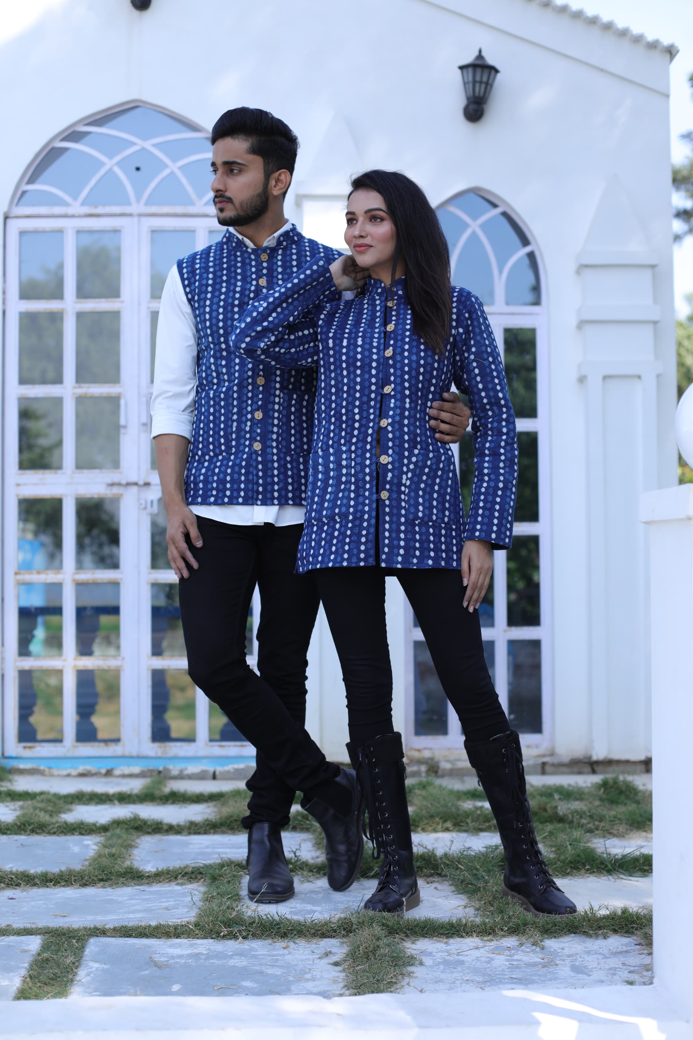 Blue Color Twinning Couple Pure Cotton Bagru Print Quilted Reversible Jackets