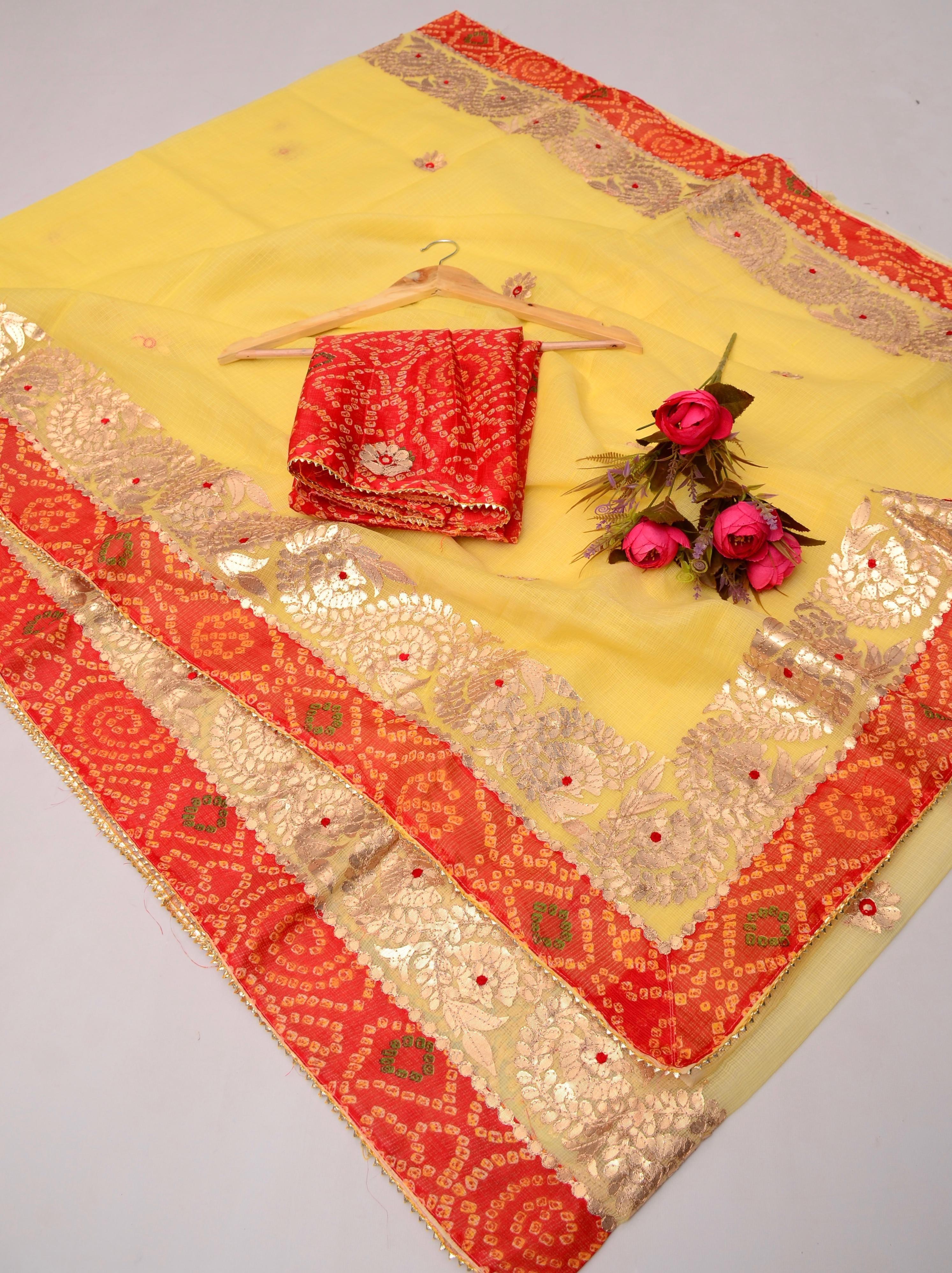 Leela- Yellow Kota Doria Gota Patti Saree