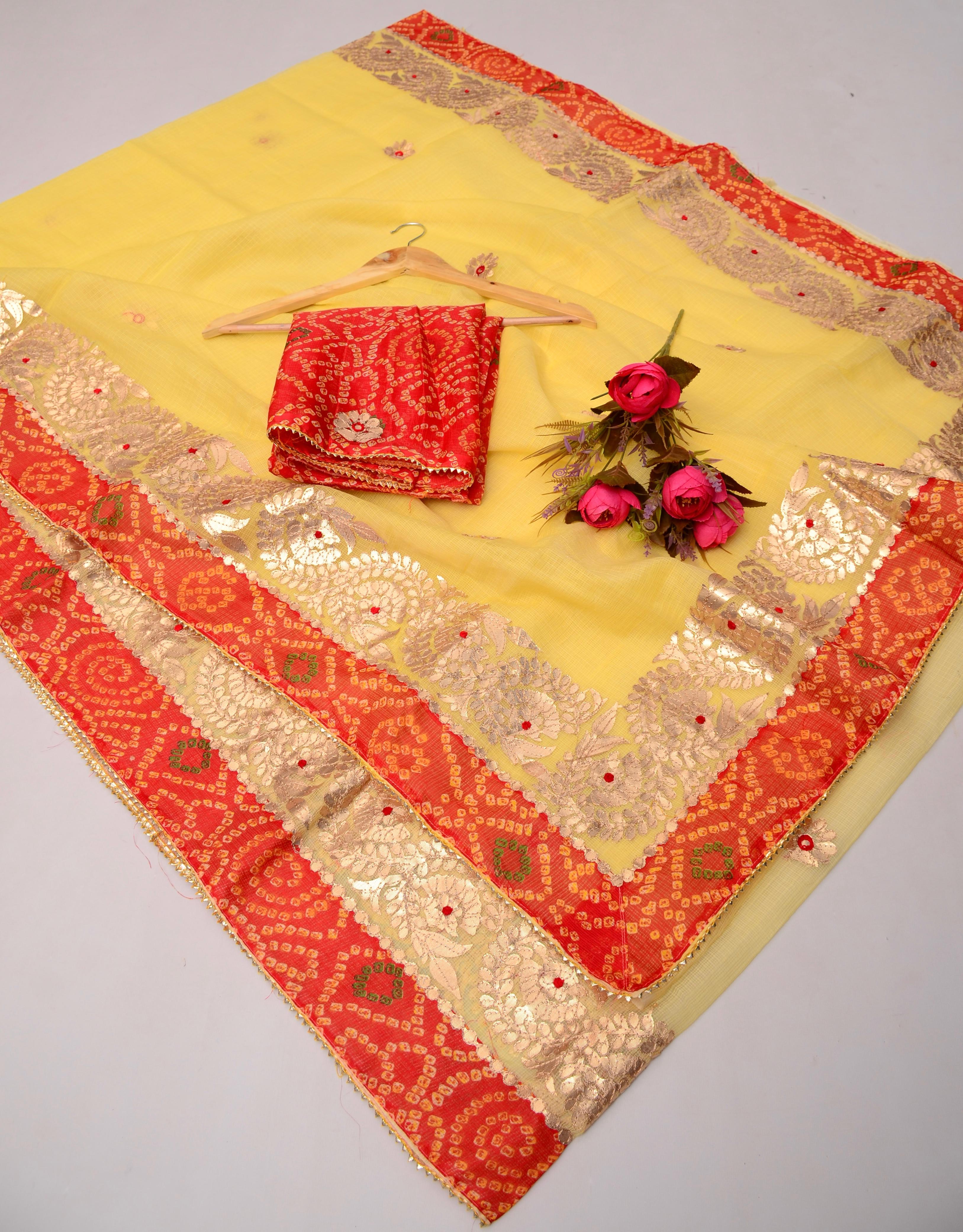 Yellow Kota Doria Gota Patti Saree