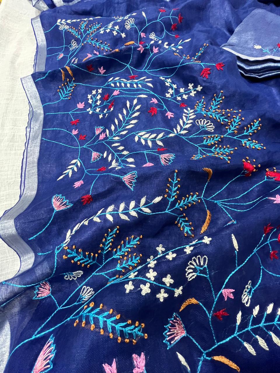 Linen Embroidery Saree In Blue