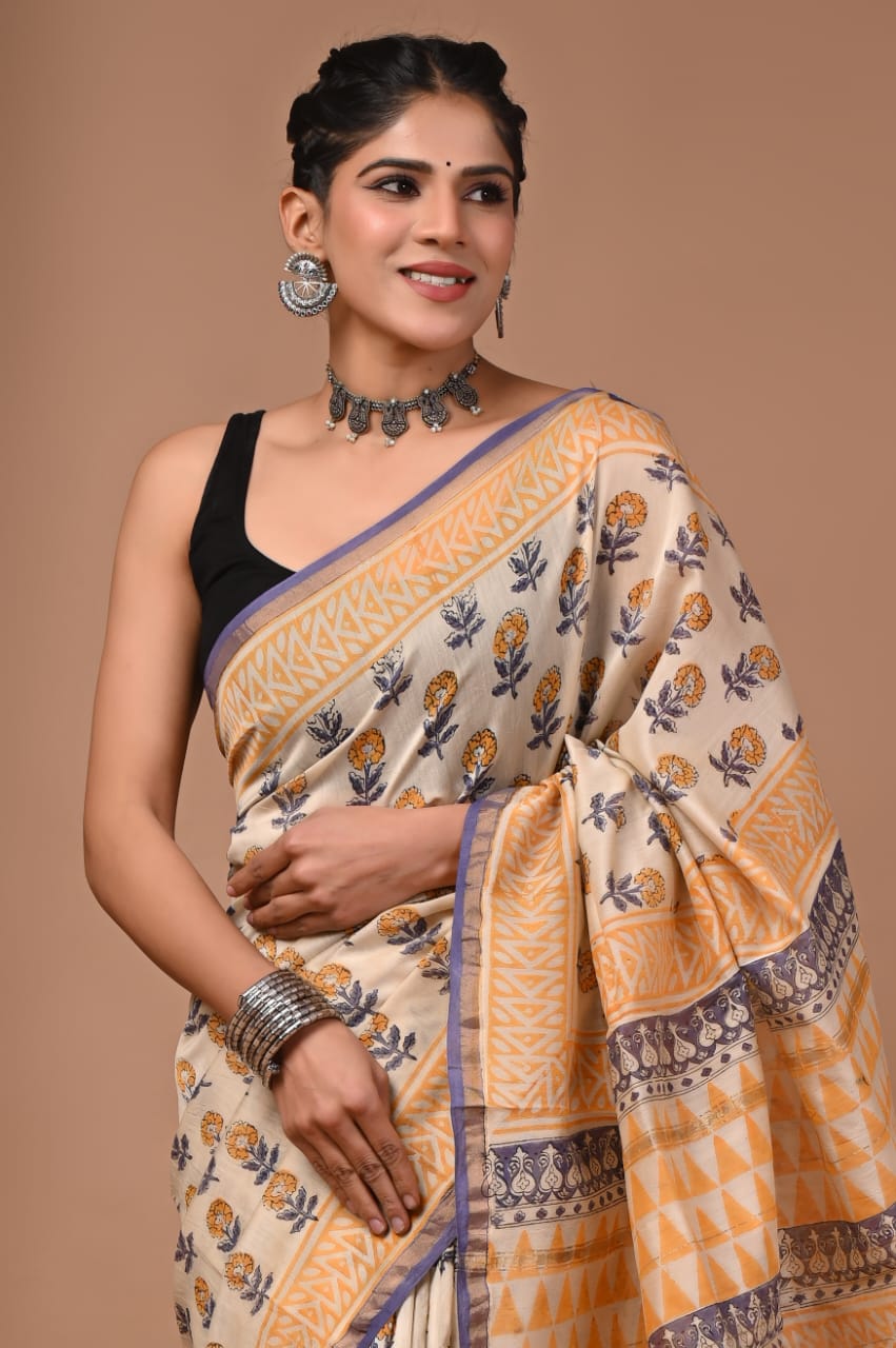 Cream Colour Chanderi Hand Block Printed  Saree