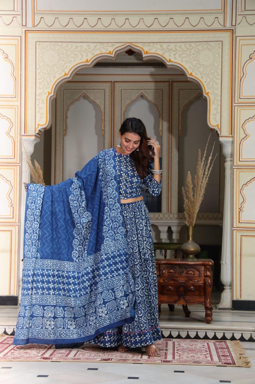 Blue Colour Bagru Print Flora lehenga choli Set