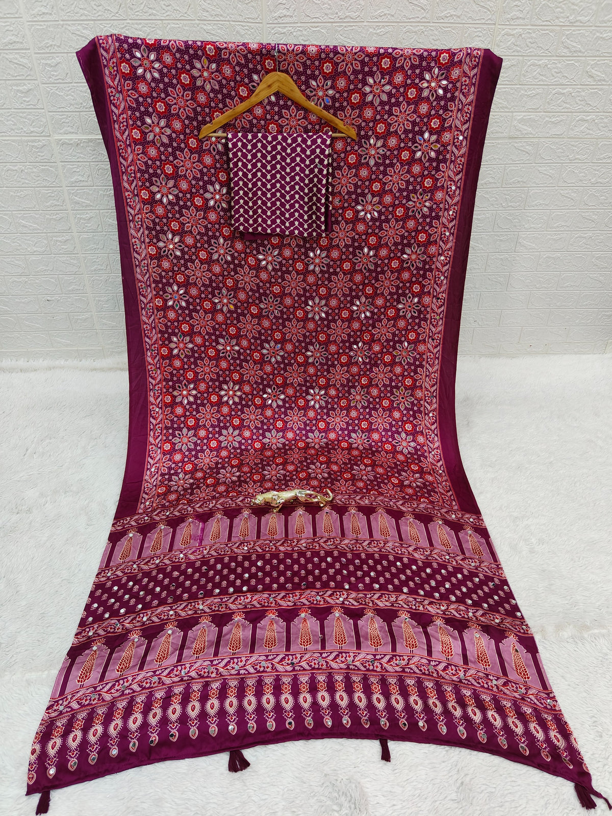Maroon Ajrakh Print Mirror Work Satin Silk Saree