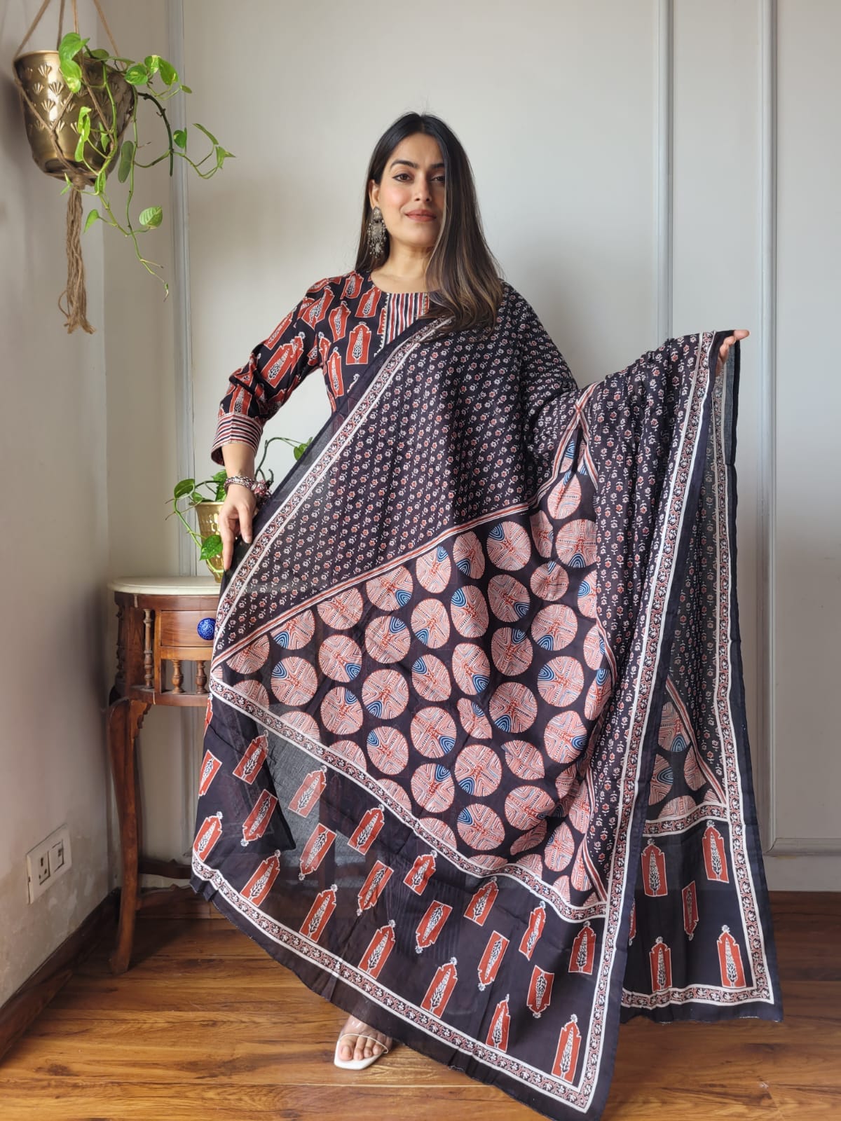 Summer Black Block Print Suit Set And Dupatta