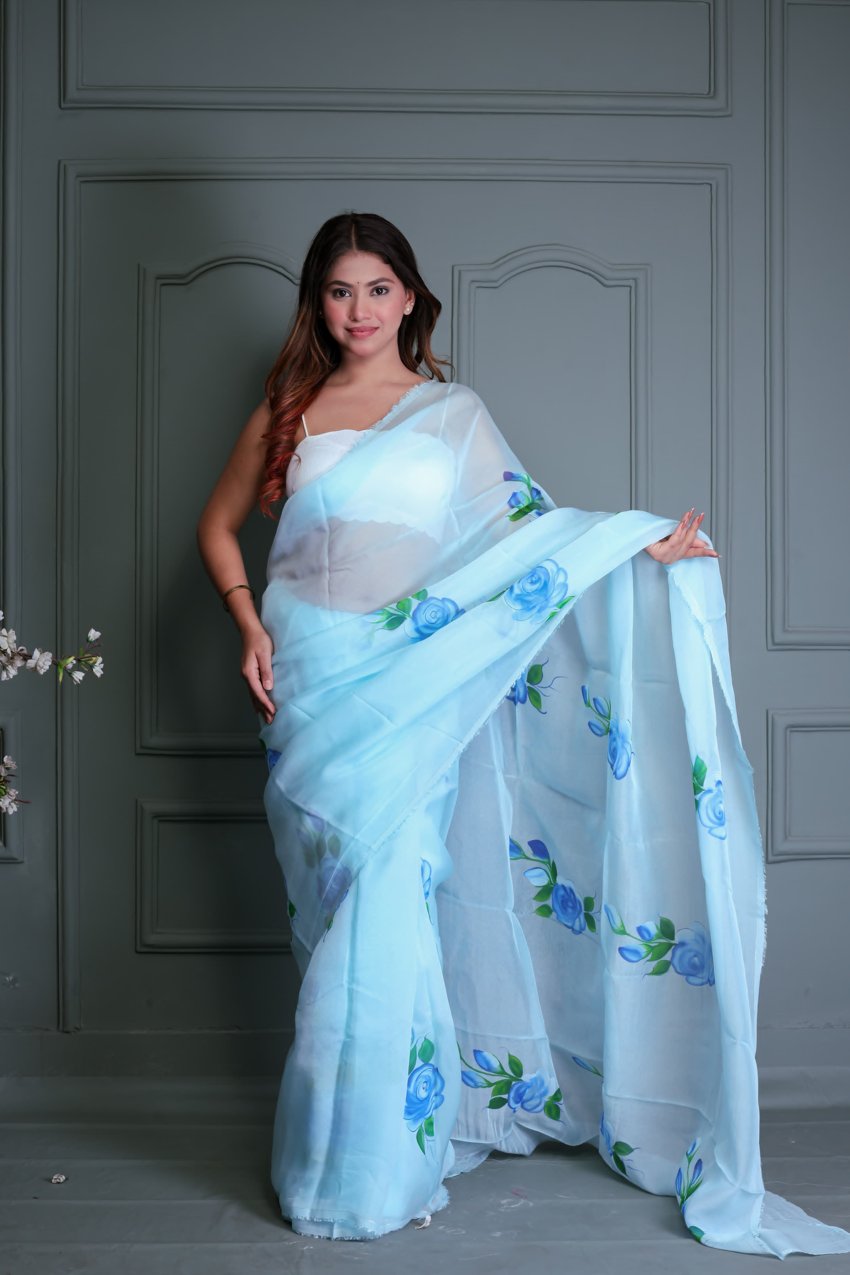 Light Blue Organza Hand Painted Saree