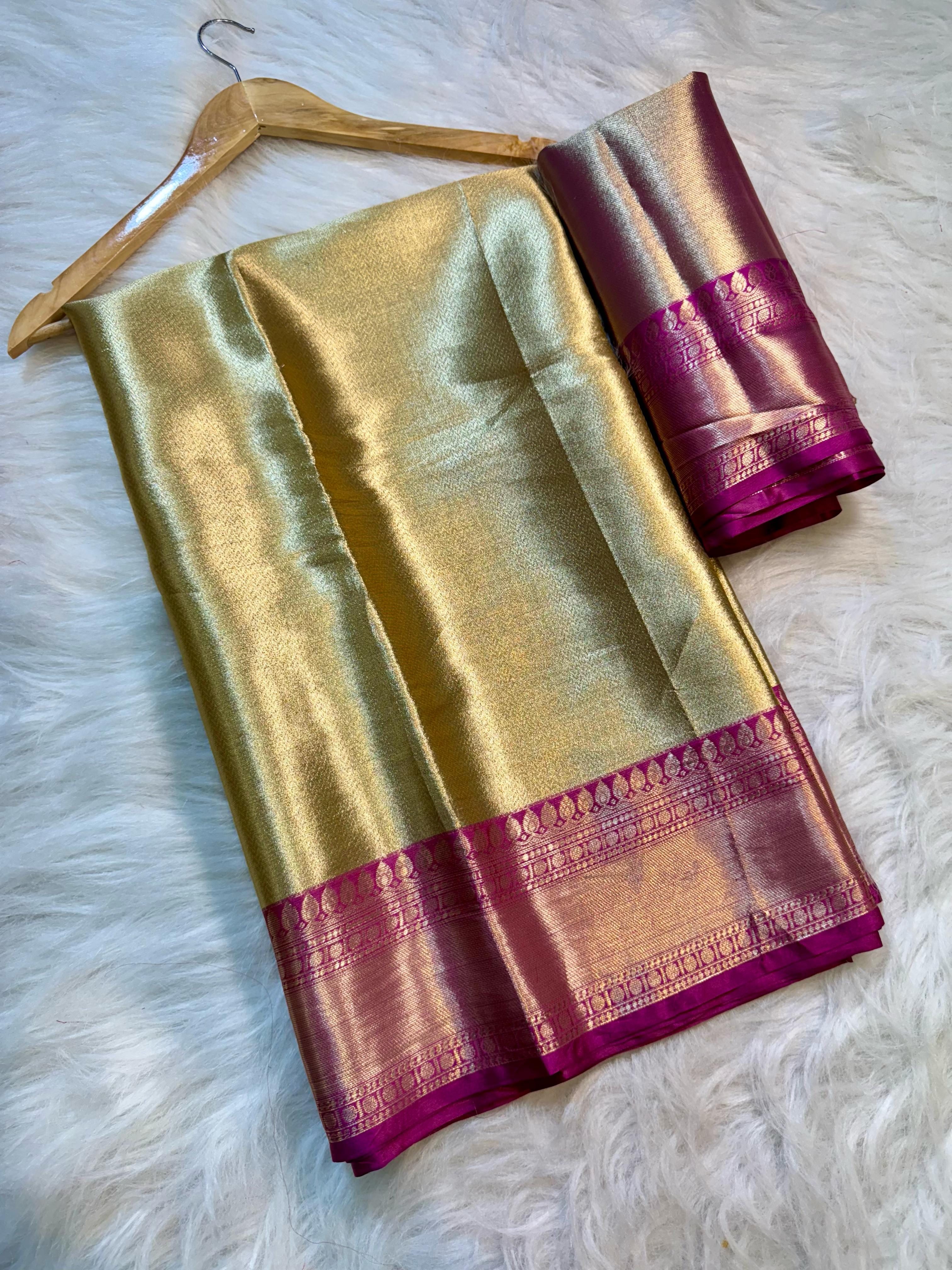 Beautiful Golden Celebrity Inspired Banarasi Tissue Zari Silk Saree