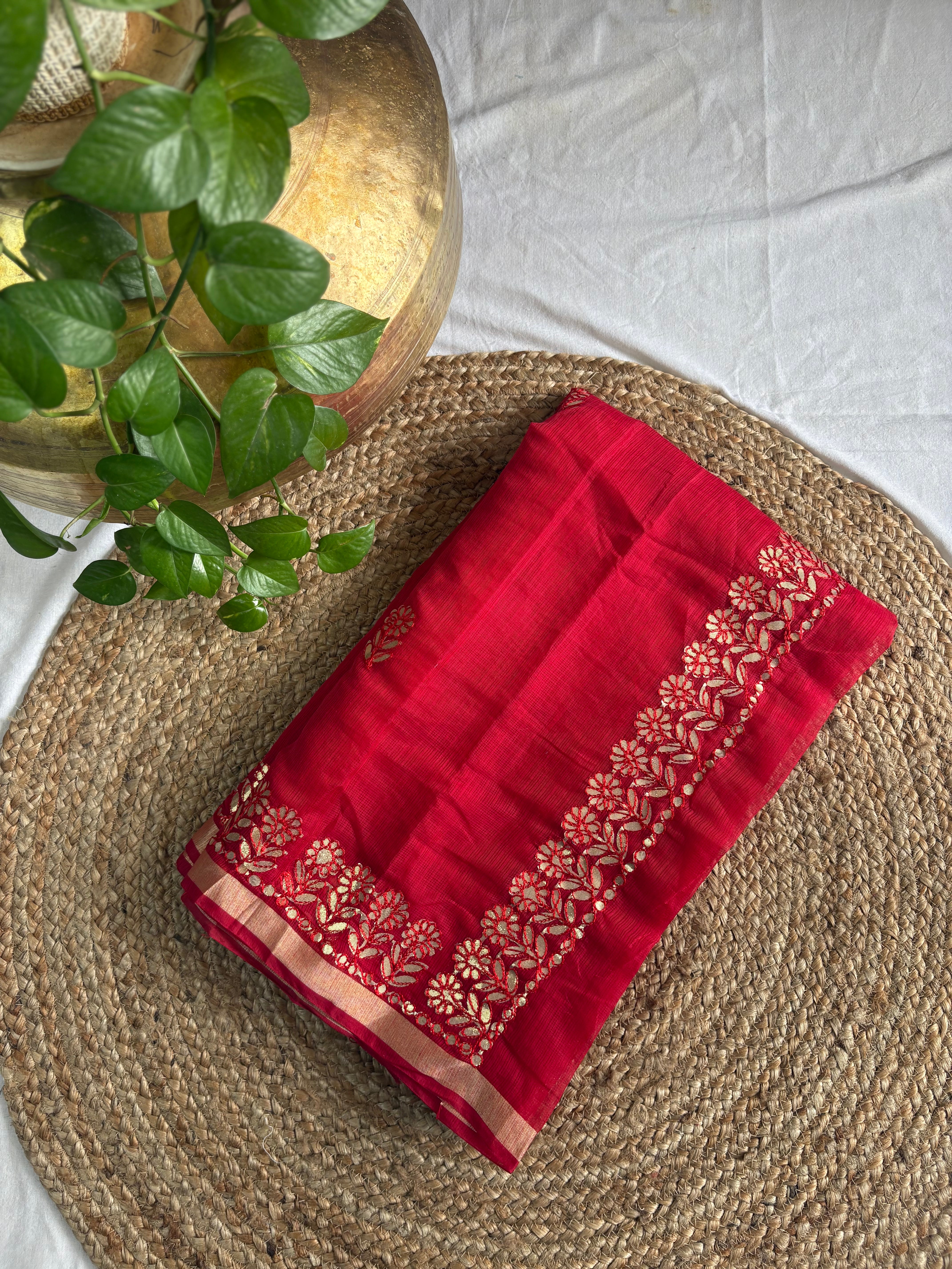 Red Kota Doria Gota Patti Saree