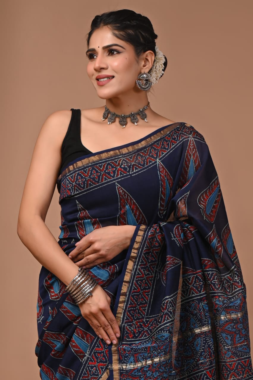 Blue Colour Chanderi Hand Block Printed  Saree