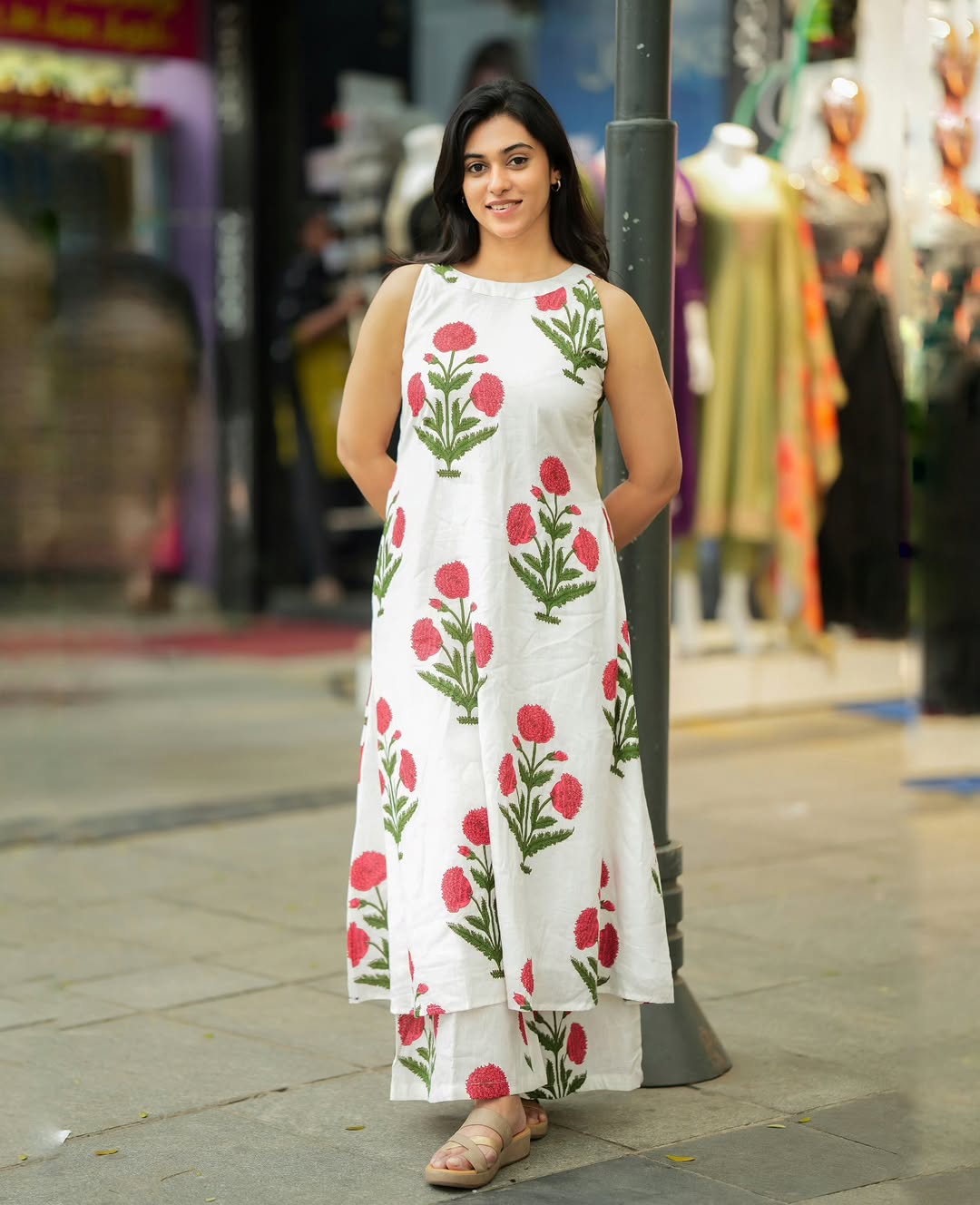 Summer white Flower Print Kurti Palazzo Set