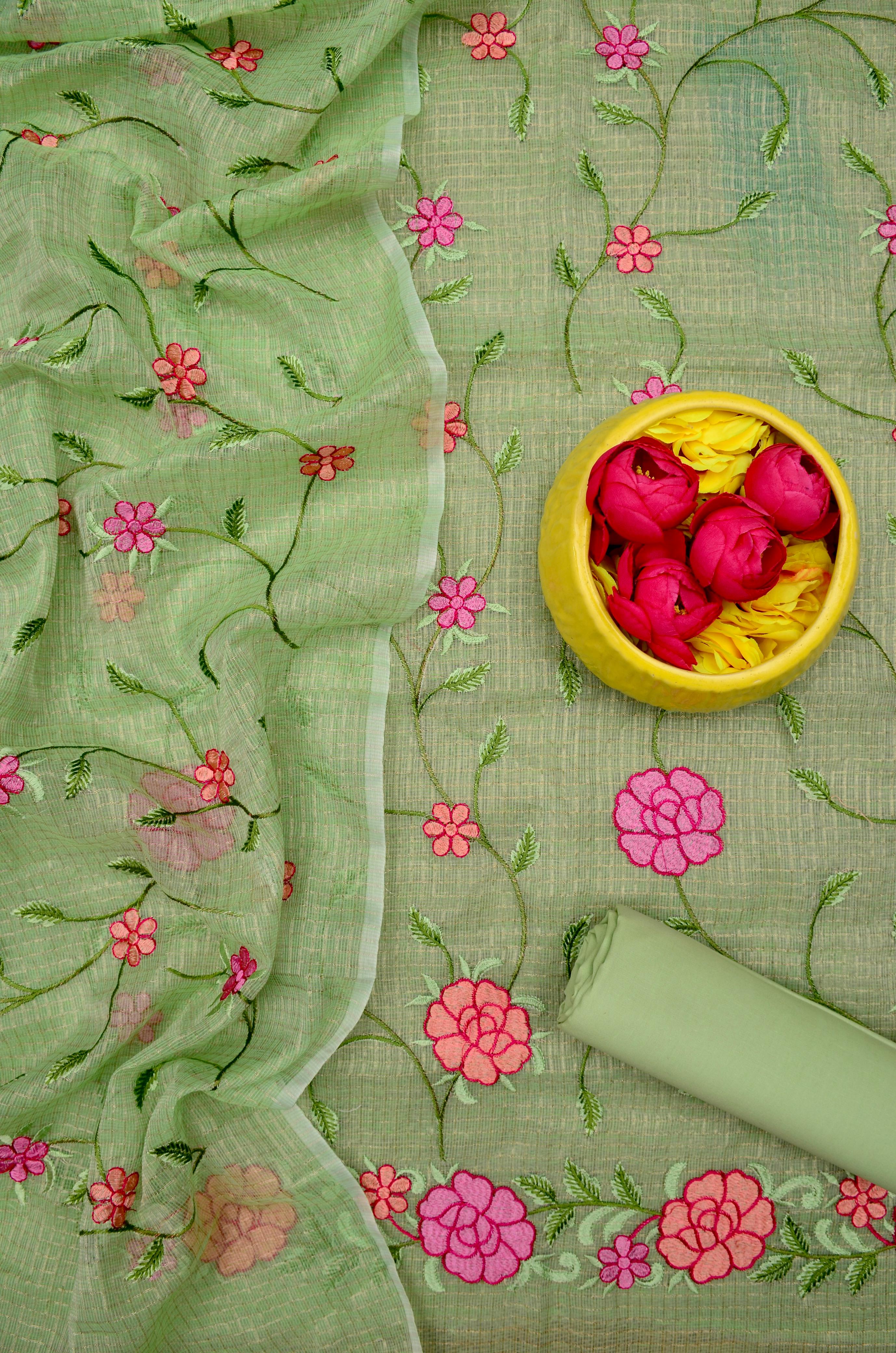 Kota Doria Embroidered Suit Set In Green (unstitched)
