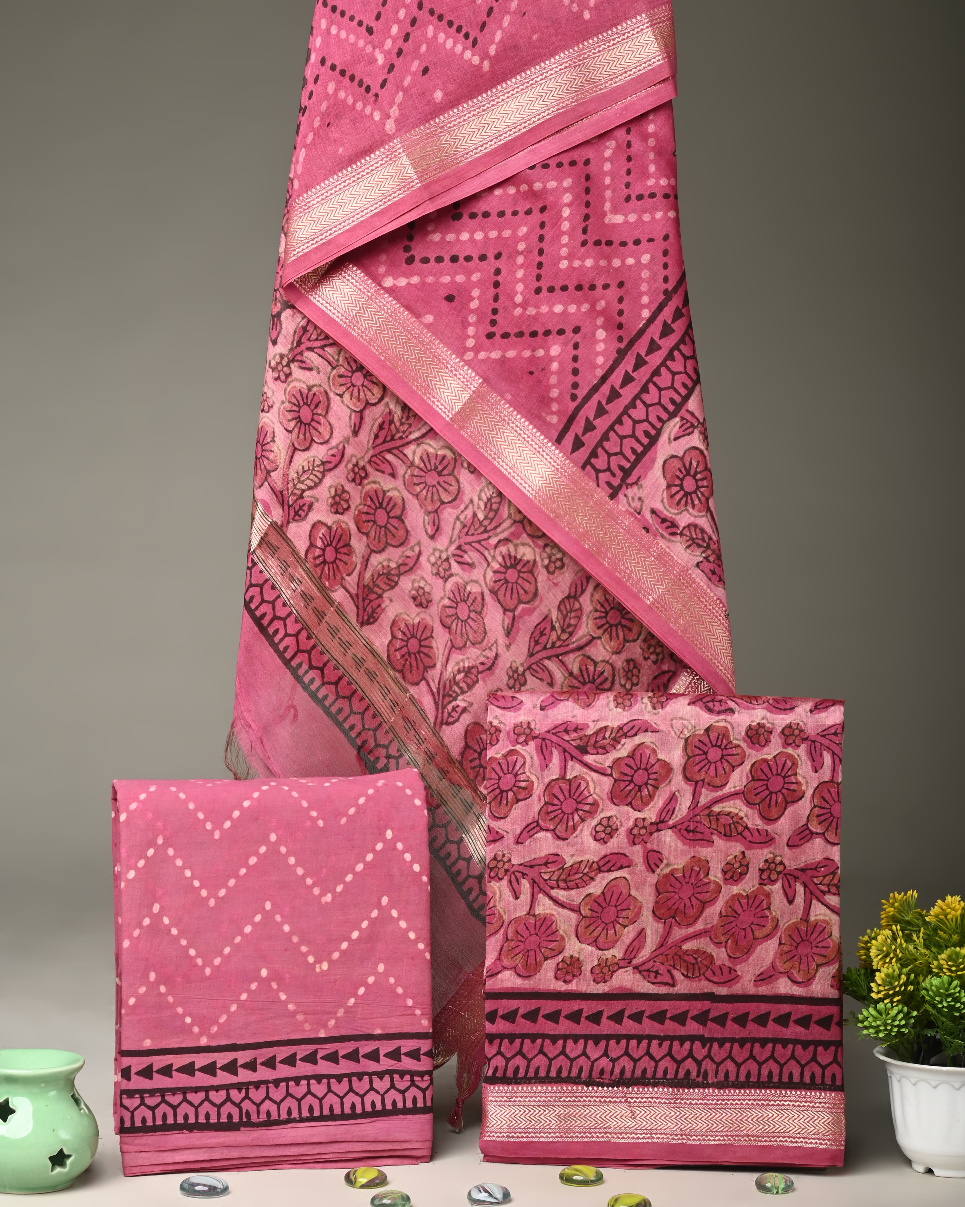 Linear Pink Maheshwari Silk Handblock Print Suit Material