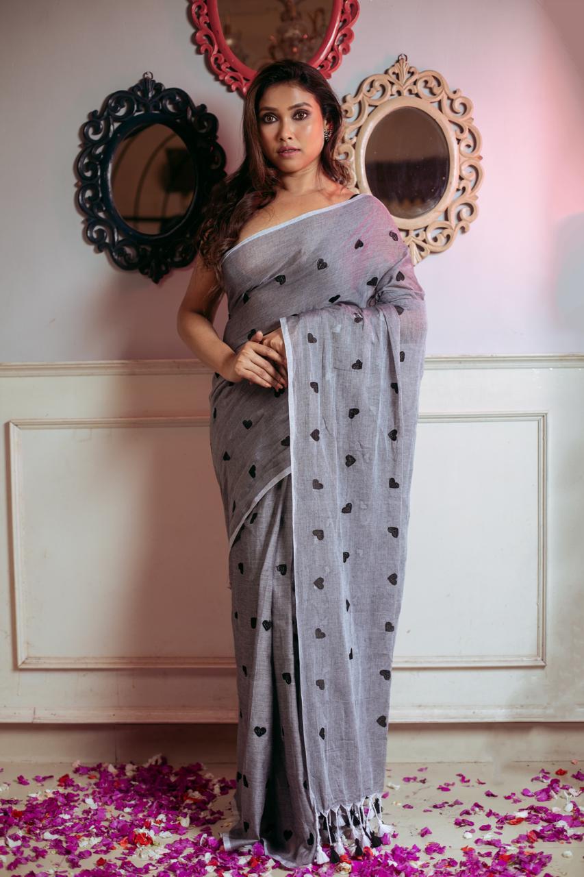 Grey Premium Mulmul Cotton Hand Crafted Saree