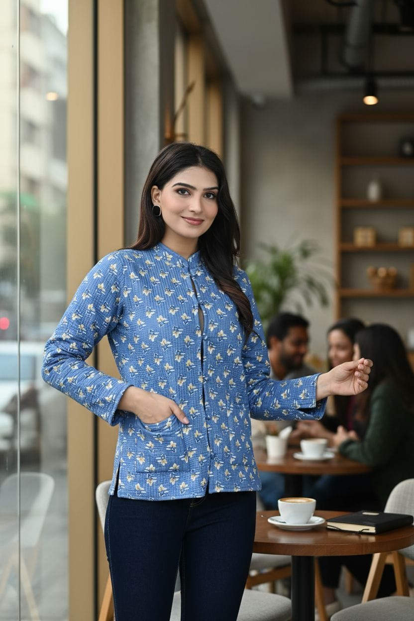 Beautiful Blue Pure Cotton Quilted Reversible Print Jackets